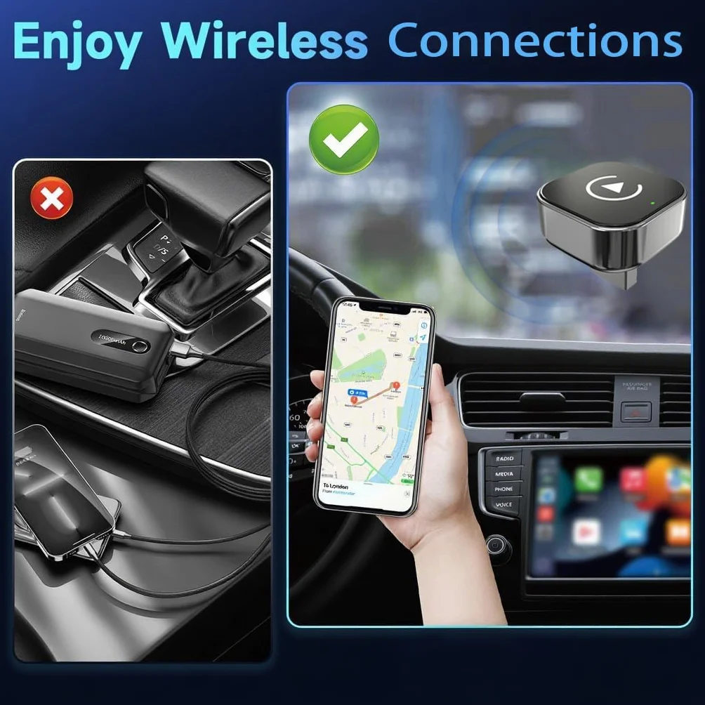 Adapter CarPlay Wireless 2025, aktualizacja OTA, pasuje do samochodów z 2016 i nowszych z CarPlay, współpracuje z iPhone iOS 11+ i Android Auto, Mini i Stable, automatyczne ponowne łączenie.