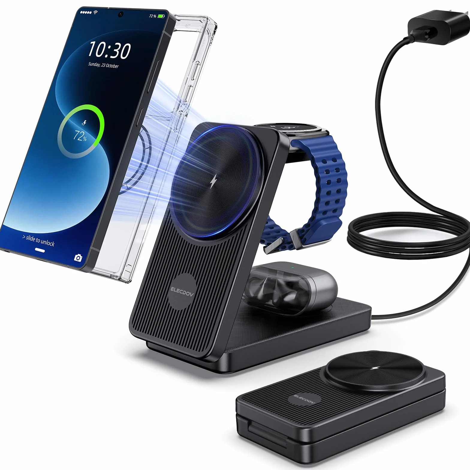 Magnetyczna stacja ładująca do Samsung Galaxy S26 Ultra, 3 w 1 MagSafe Wireless Charger, składana do Galaxy S25/S24/Z Fold/Flip 7, ładowarka do zegarka Galaxy Watch Ultra 8/7/6/5, Galaxy Buds 3 Pro