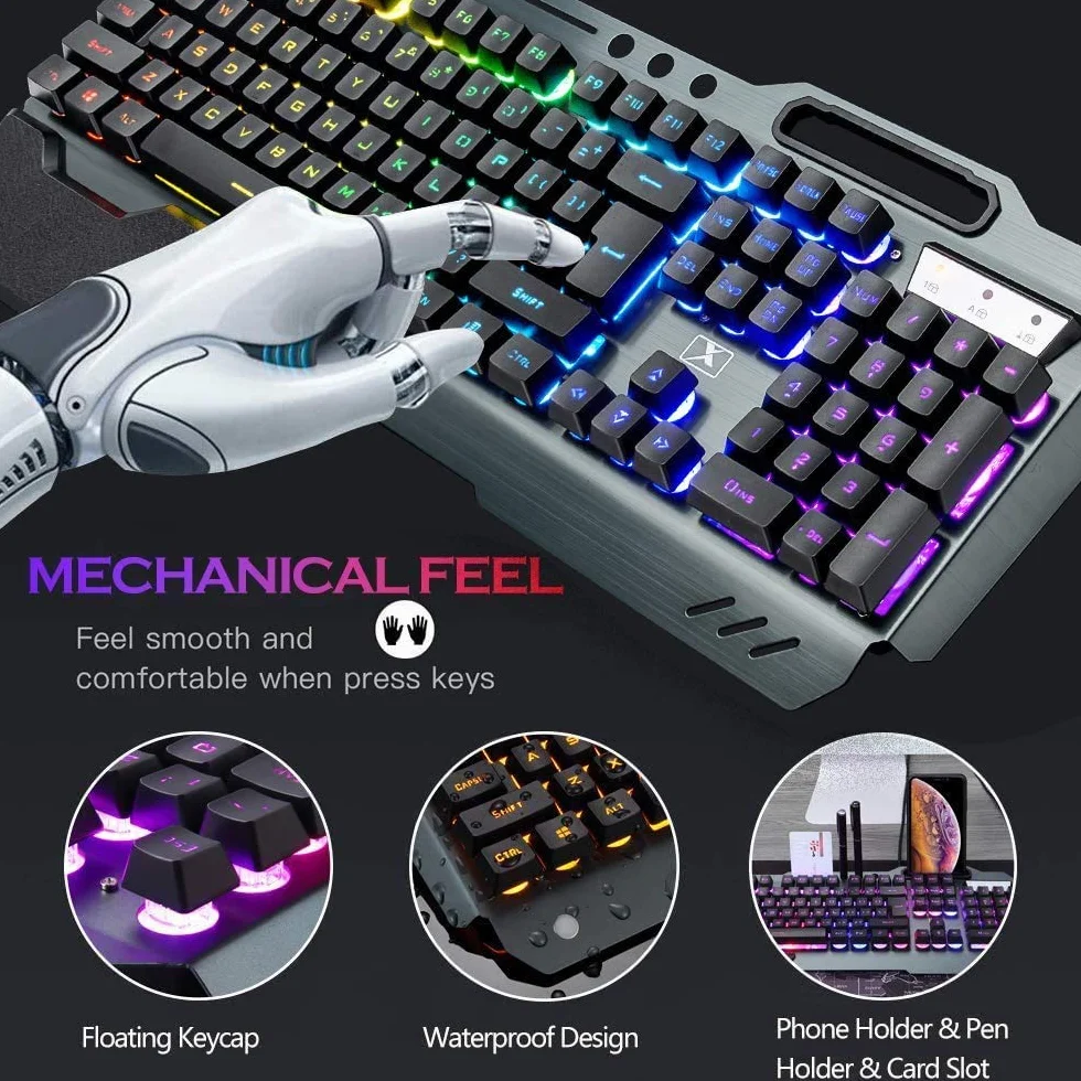Bezprzewodowa klawiatura do gier, mysz z podświetleniem RGB, ładowalna mysz z baterią 5000 mAh, metalowy panel, zdejmowana podpórka pod rękę, klawiatura mechaniczna i 7 kolorów wyciszona mysz do gier