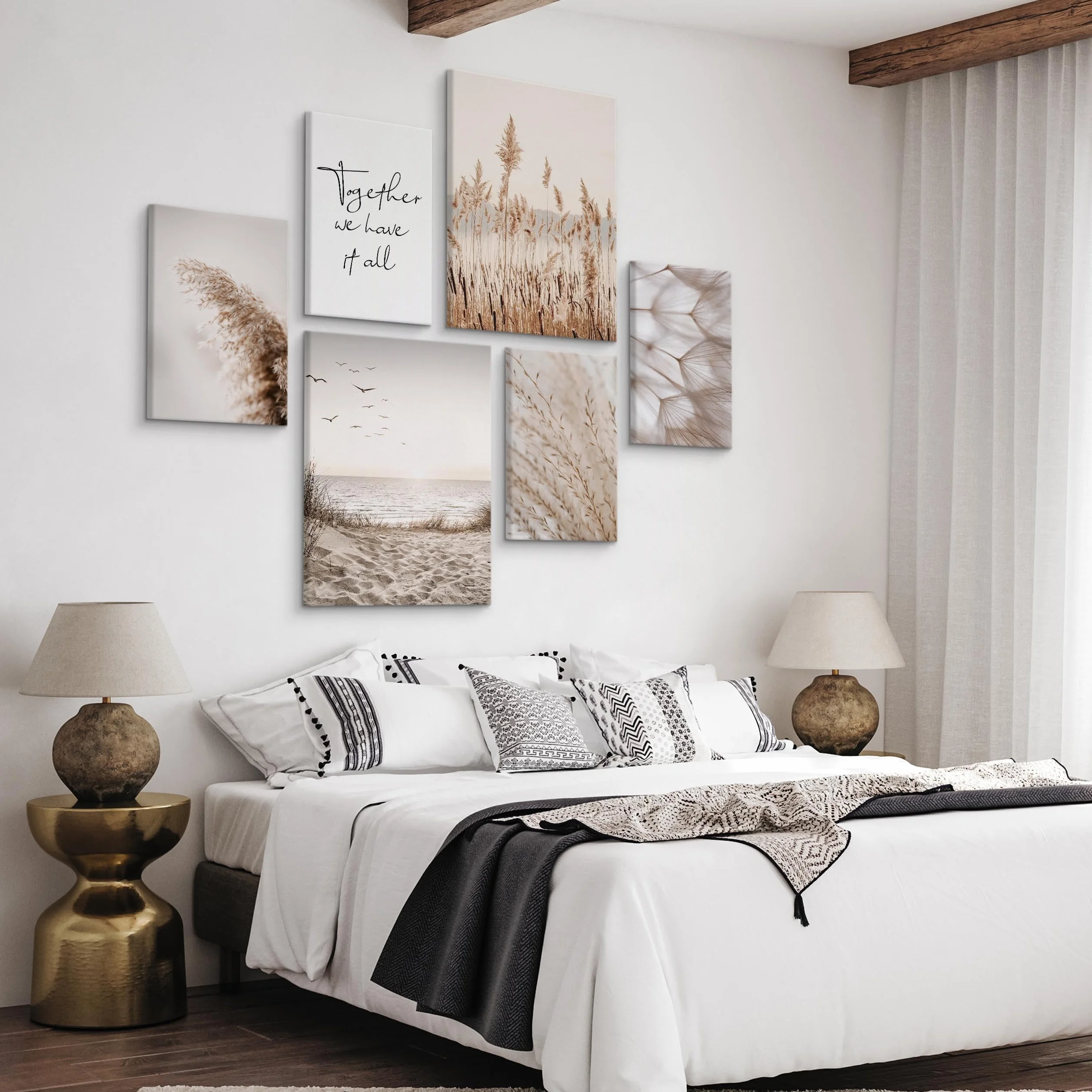 Zestaw Obrazów Ściennych na Płótnie w Stylu Boho, Beżowe, 2x 30x40 cm i 4x 20x30 cm