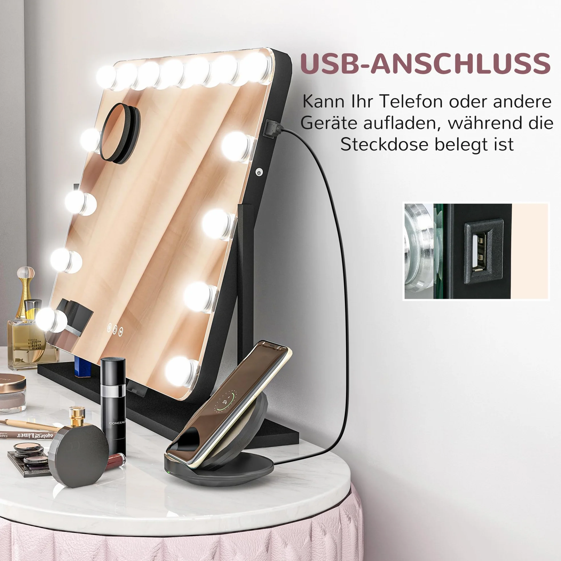 HOMCOM Lustro Hollywood LED do makijażu 14 diod 3 kolory światła powiększenie 10x USB