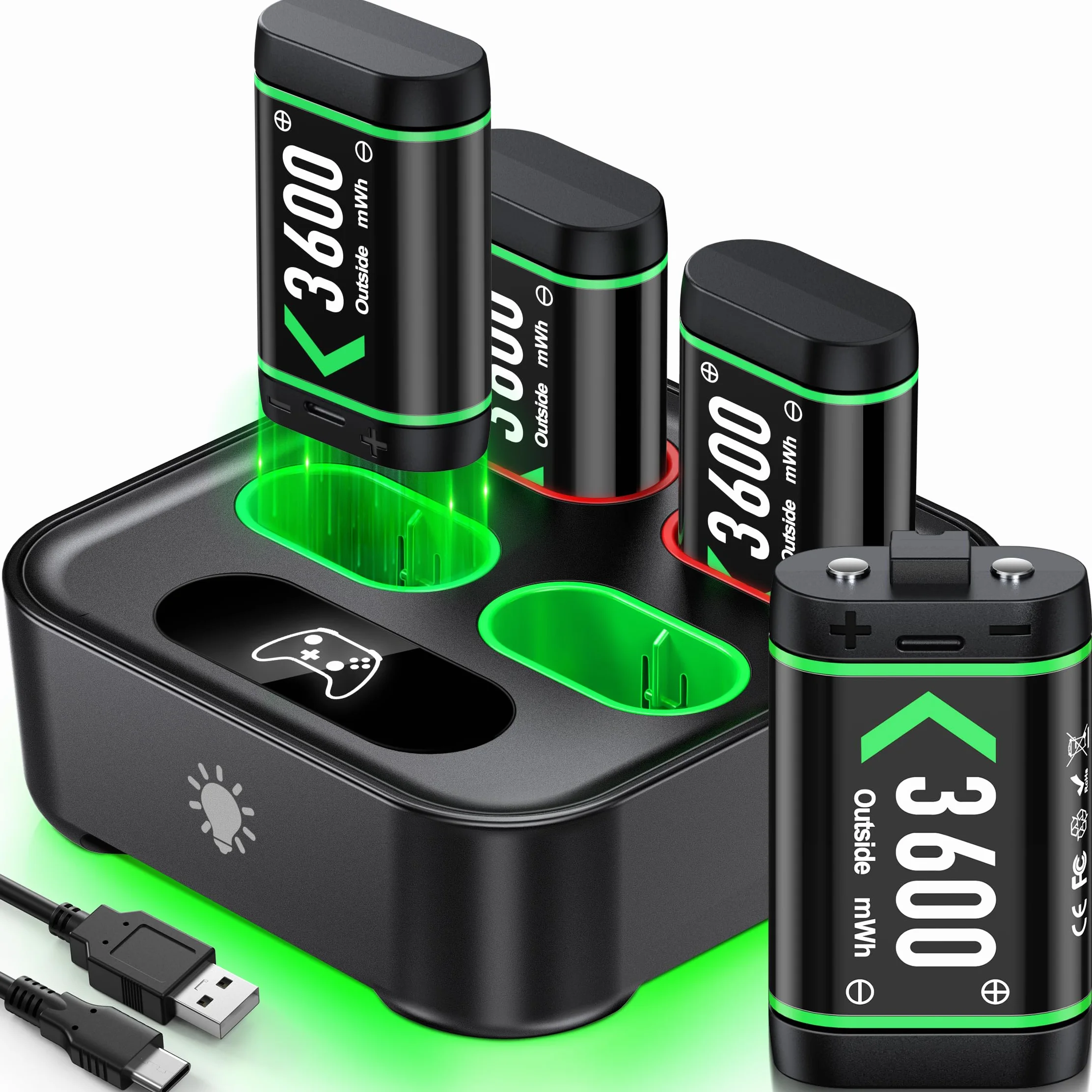 Ładowarka do kontrolera bezprzewodowego Xbox, 4 x 3600 mWh zestaw akumulatorów do Xbox Series X|S/Xbox One/One S/X/Elite Controller akcesoria - możliwość ponownego ładowania
