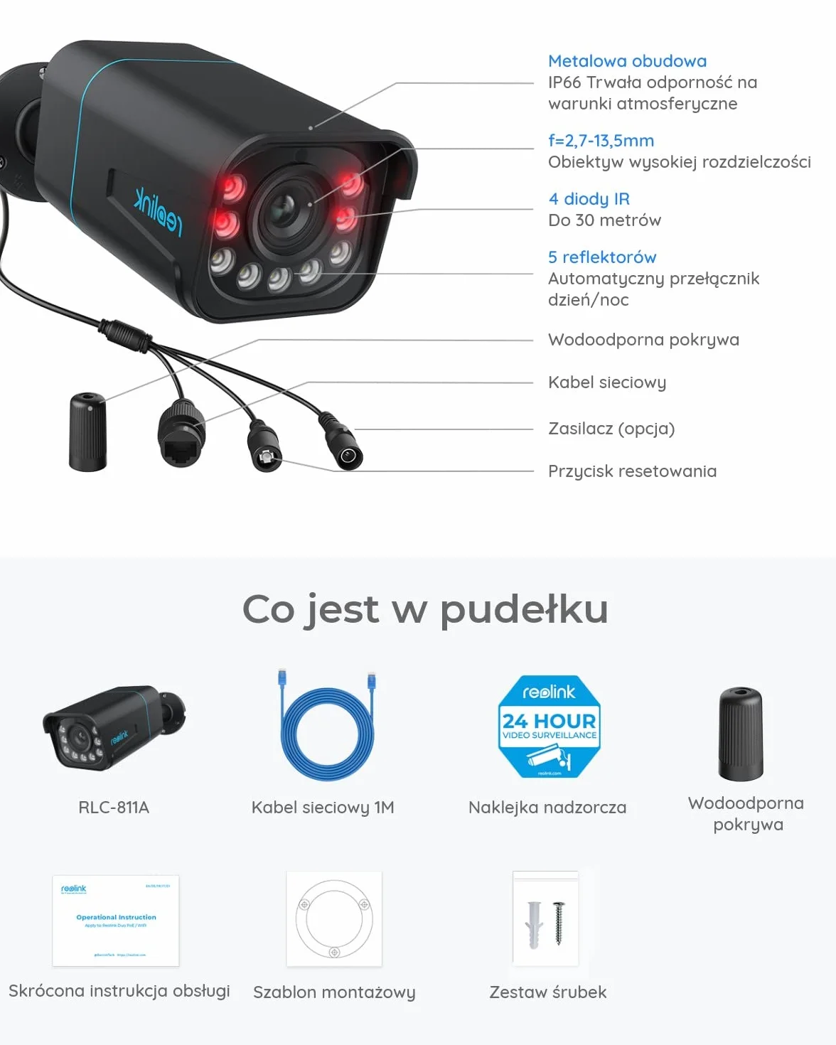 Reolink Kamera Bezpieczeństwa 4K PoE z Wykrywaniem Ludzi/Pojazdów, 5-Krotne Powiększenie, Kamera IP z Oświetleniem Punktowym, Kolorowe Alerty Ruchu, Gniazdo Kart microSD, RLC-811A Czarny