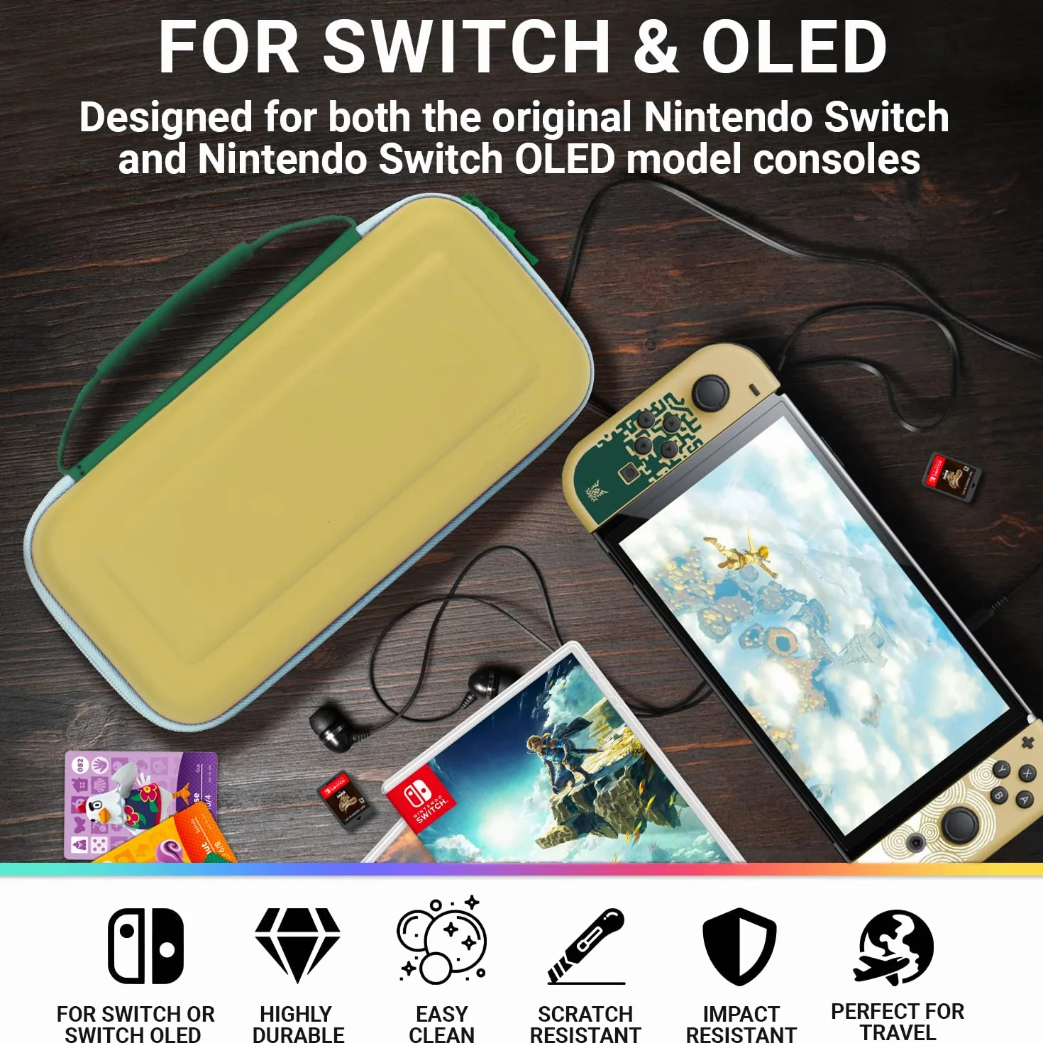 Orzly Etui na Nintendo Switch OLED i standardową konsolę Switch z akcesoriami i schowkiem na gry - zaprojektowane dla fanów Zeldy, edycja w pudełku prezentowym, złote, białe, zielone etui do