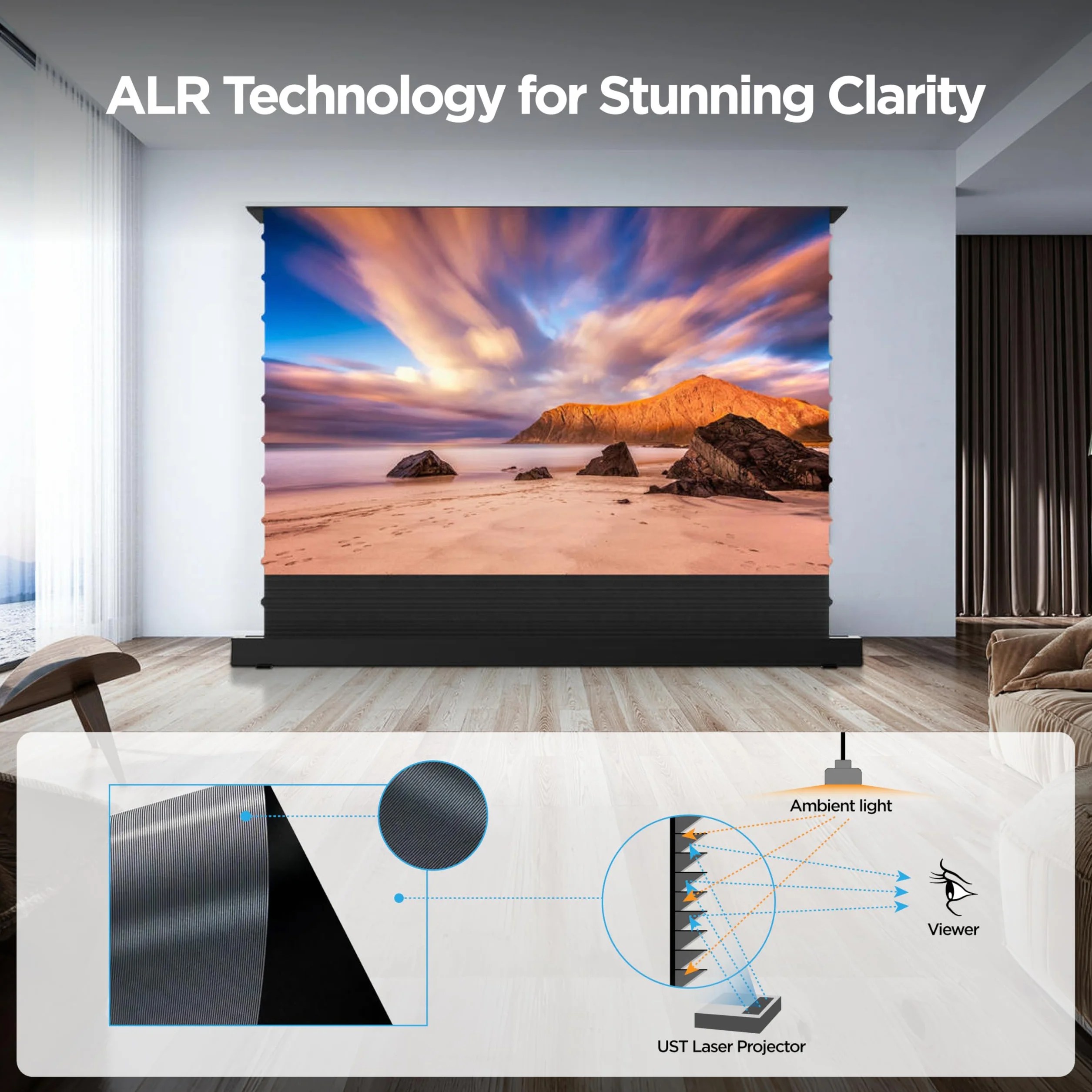 Ekran Projektora, 120 Calowy Stojący Rozciągany Elektrycznie, ALR CLR, 4K UHD Laserowy Ekran TV, Przenośne Kino Domowe, Ekran do Projektora Krótkiego Zasięgu, Bez Montażu
