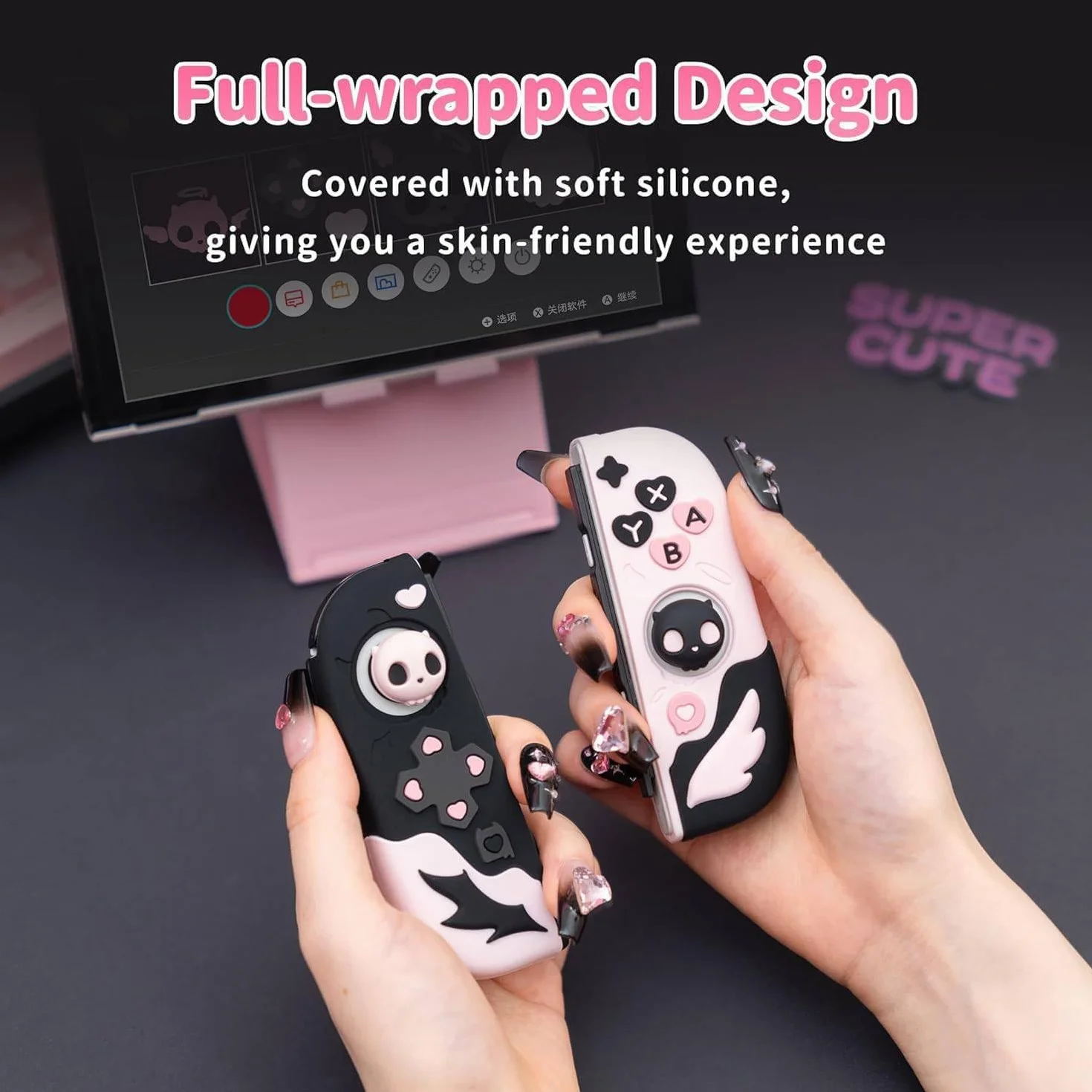 Etui ochronne GeekShare do Switch OLED, smukłe etui, oddzielna miękka silikonowa powłoka ochronna do Joycon z 2 nakładkami na kciuki - czaszka Sweetheart