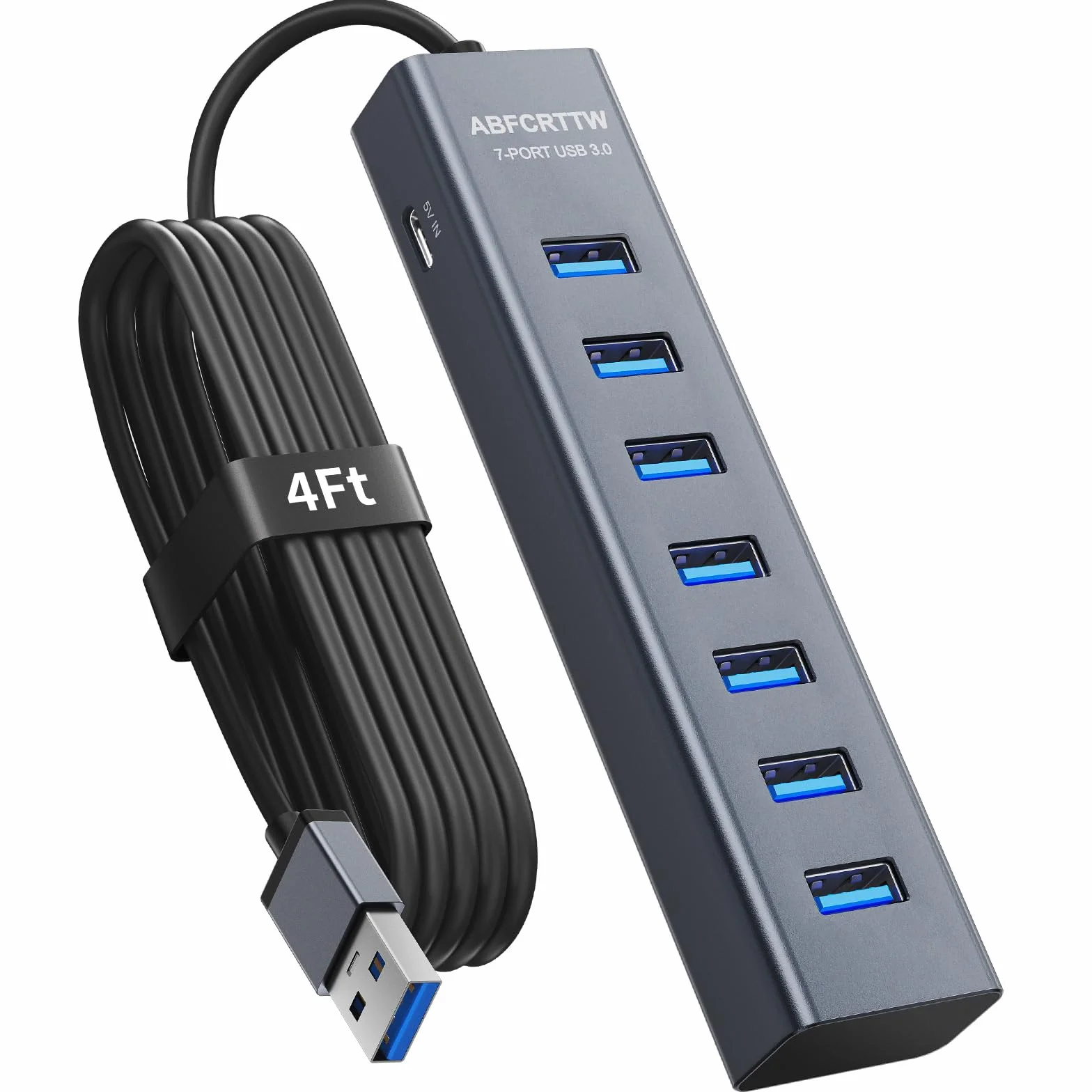 7-portowy koncentrator USB 3.0 z kablem 120 cm do komputera stacjonarnego, aluminiowy Hub USB 5 Gbps, rozdzielacz multiportowy, wtyczka USB, rozdzielacz USB z portem 5 V 3 A typu C