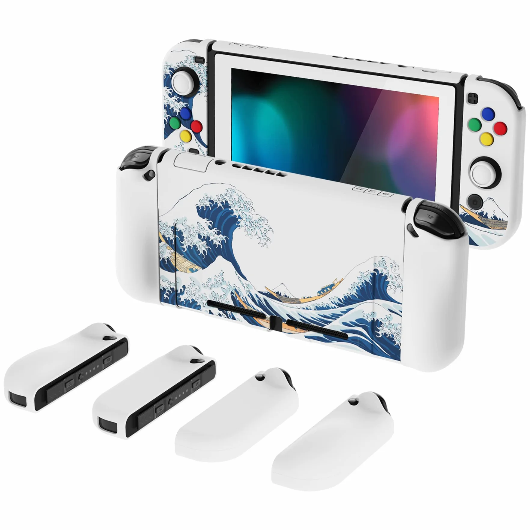 PlayVital Etui Ochronny do Nintendo Switch z Osłoną Ekran,Case Hard Shell do Switch,AlterGrips Ergonomiczna Protective Cover z Kciuka Caps&Caps Przycisków-Wielka Fala Kanagawie