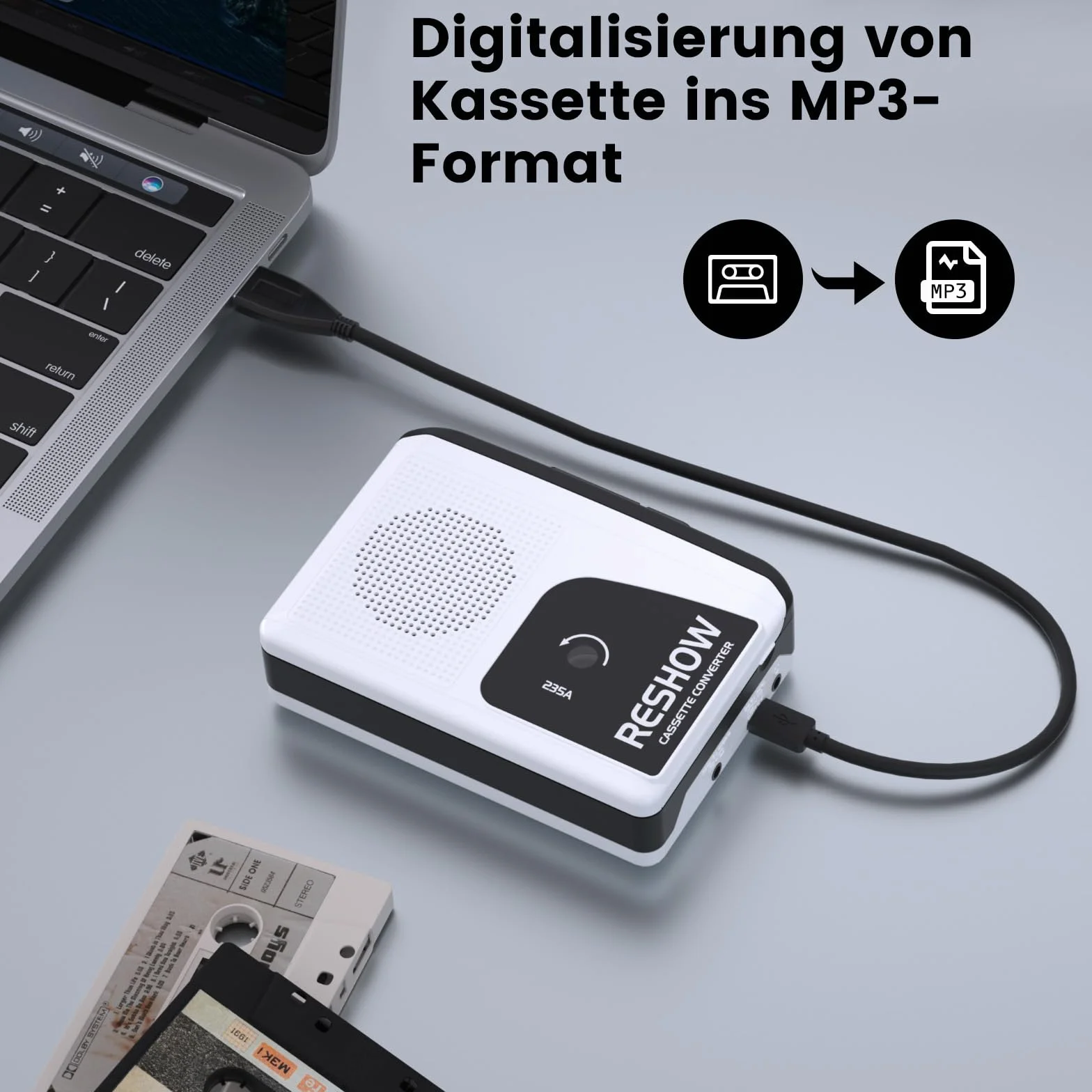 Reshow Przenośny odtwarzacz kasetowy, odtwarzacz kasetowy MP3, zintegrowany mikrofon, głośne odtwarzanie muzyki audio przez USB, odtwarzanie dźwięku z kasety w kolorze białym
