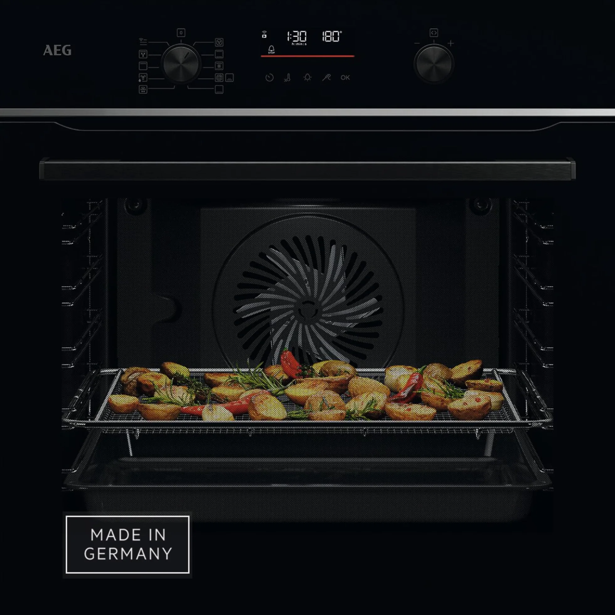 AEG Piec do zabudowy WiFi – seria 6 wyświetlacz dotykowy LED – Made in Germany – samooczyszczanie – czujnik temperatury rdzenia: do dokładnego gotowania – AirFry – 45 programów automatycznych – czarny