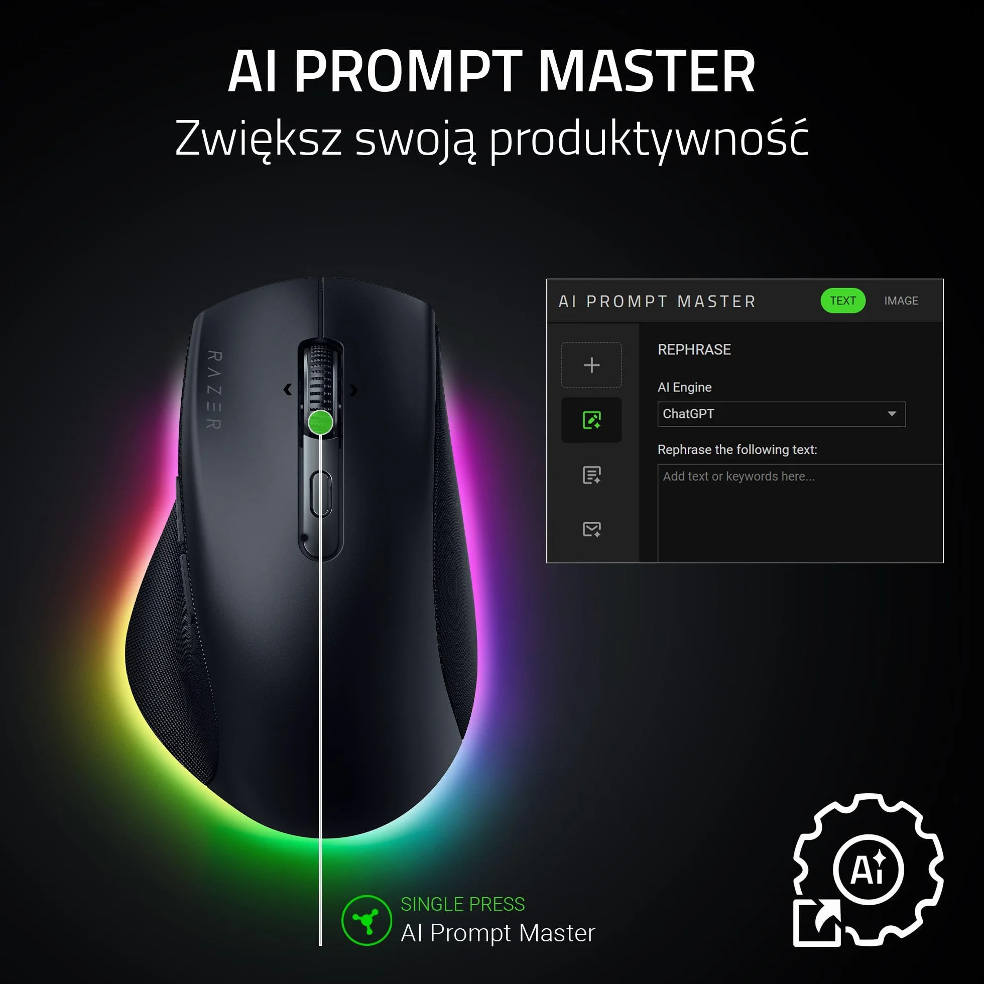 Razer Pro Click V2 - bezprzewodowa ergonomiczna mysz - AI Prompt Assist - czujnik optyczny 30K - 3,5 miesiąca pracy na baterii (14 stref Chroma RGB, przechylane kółko HyperScroll) Czarny