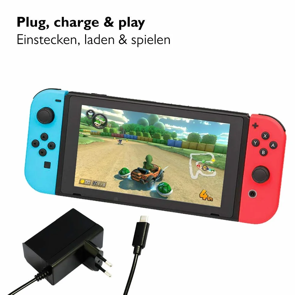 Zasilacz Lioncast do przełącznika Nintendo Switch/Switch Lite z 1,8 m kablem ładującym | Ładowarka 15V przez USB-C (kontroler Pro, ręczny, tryb TV), ładuje się jak oryginalny zasilacz
