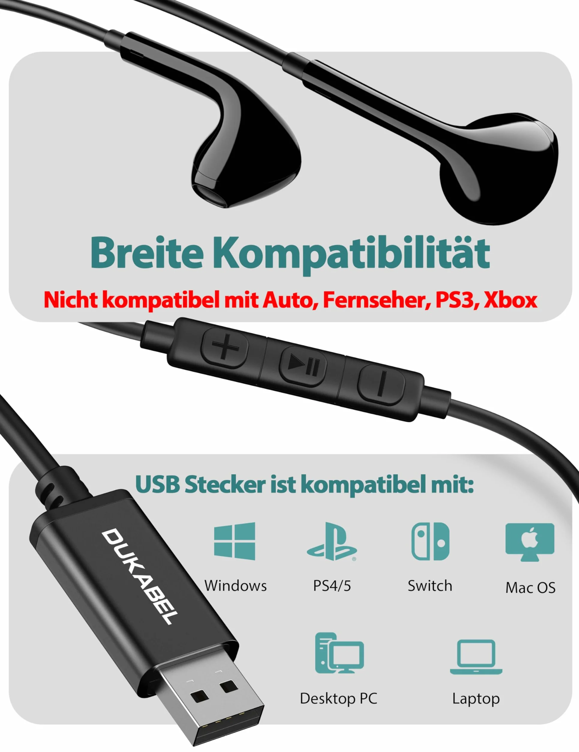 DuKabel Słuchawki douszne USB Zestaw słuchawkowy do gier USB z mikrofonem MEMS i regulacją głośności Zestaw słuchawkowy do komputera PC z redukcją szumów na PS4 PS5 PC Skype Office Live - 1.8m