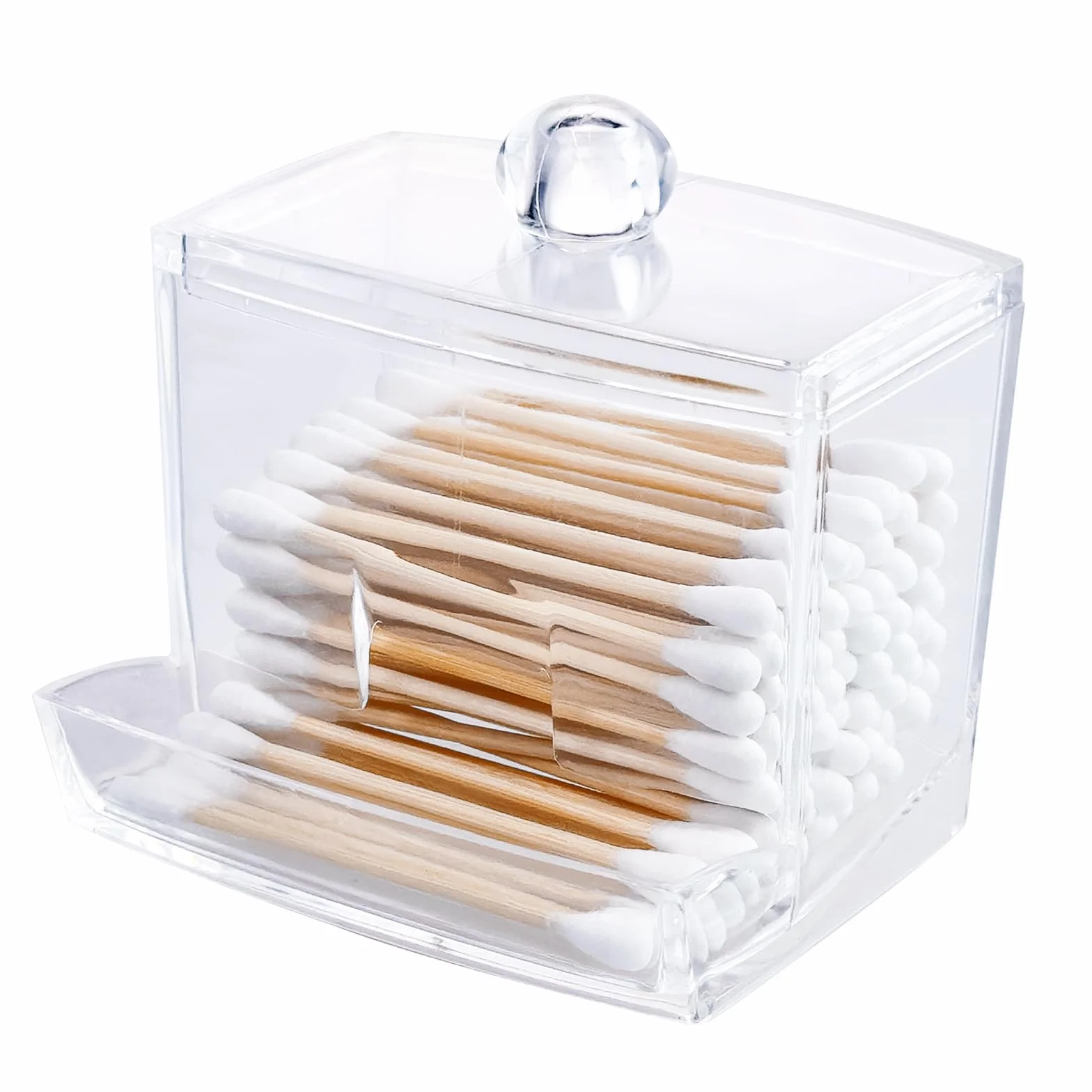 Przezroczysty akrylowy uchwyt na waciki bawełniane z pokrywką, dozownik Q-Tip do łazienki, wacików bawełnianych, organizer do makijażu na waciki i kosmetyki, pudełko do przechowywania