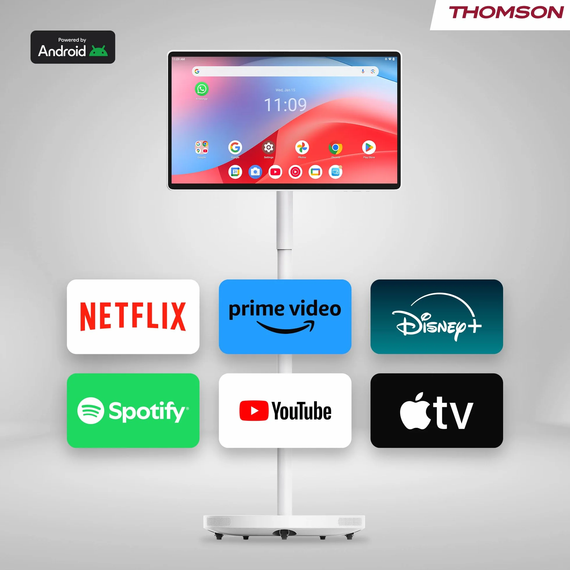 Thomson Go Plus Pro 27-calowy (69 cm) Inteligentny Ekran Dotykowy FHD, Android, Sterowanie Głosowe, Hotspot, Kamera 5MP, Subwoofer, WiFi 6, Bluetooth, 4 Godziny Baterii, Przenośny Stojak - 27FE7M45