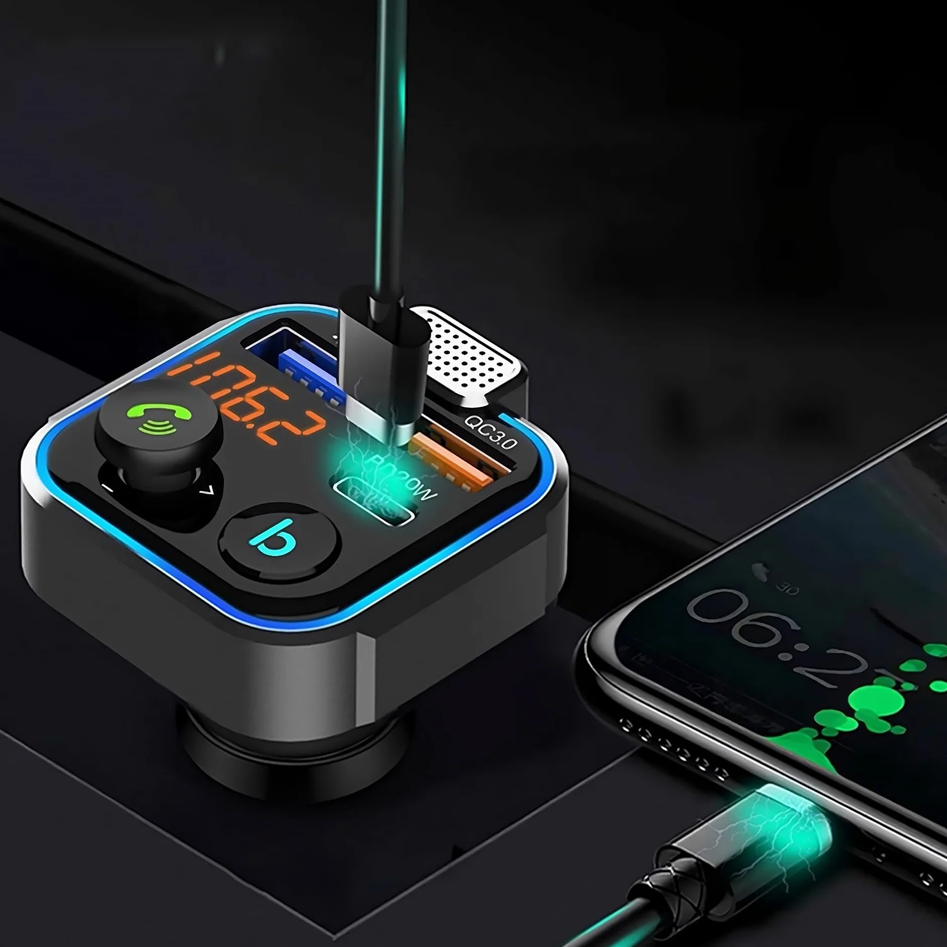 Retoo Transmiter FM Bluetooth 5.0 radio samochodowe, USB typu C QC 3.0, PD 20 W, odbiornik, szybkie ładowanie, z podwójnym ładowaniem USB, zestaw głośnomówiący, ładowarka samochodowa