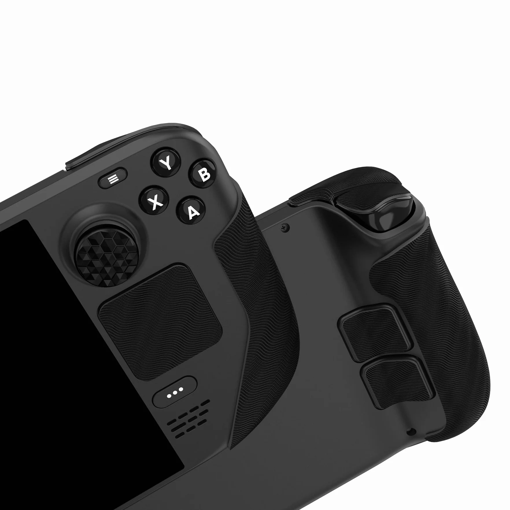 PlayVital Miękkie Gumowe Podkładki Pod Rękojeści do Steam Deck LCD,Naklejki Ochronne Gładziki Skin Grip Enhancement Back Button do Steam Deck OLED z Nakładkami Kciuki-Czarny(Fala Wodna Textured)