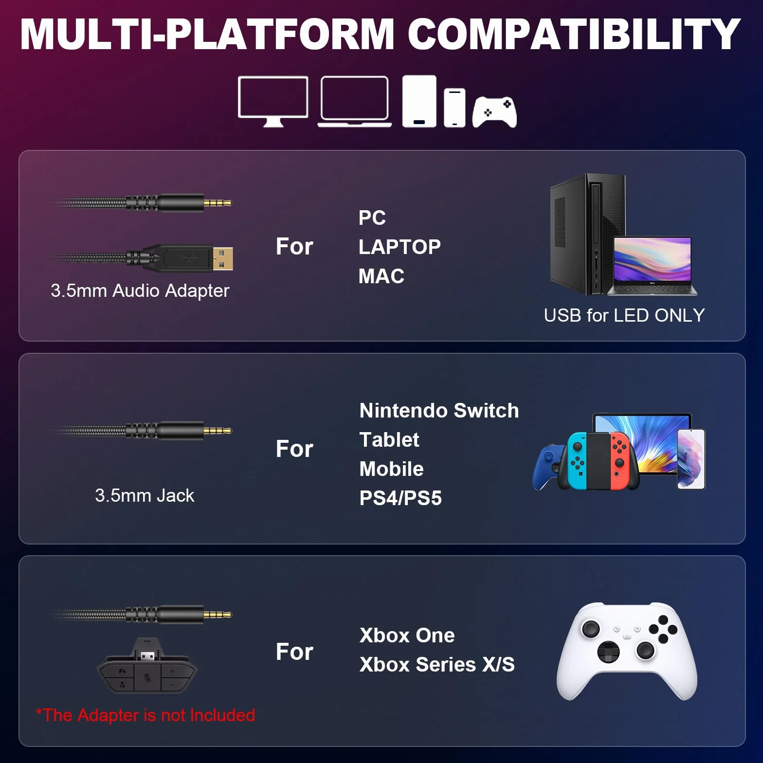 Krysenix PG1 Zestaw Słuchawkowy do Gier z Mikrofonem do PS4/PS5/PC/Xbox, Xbox One ze Światłem RGB, Gniazdem 3,5 mm, Biały