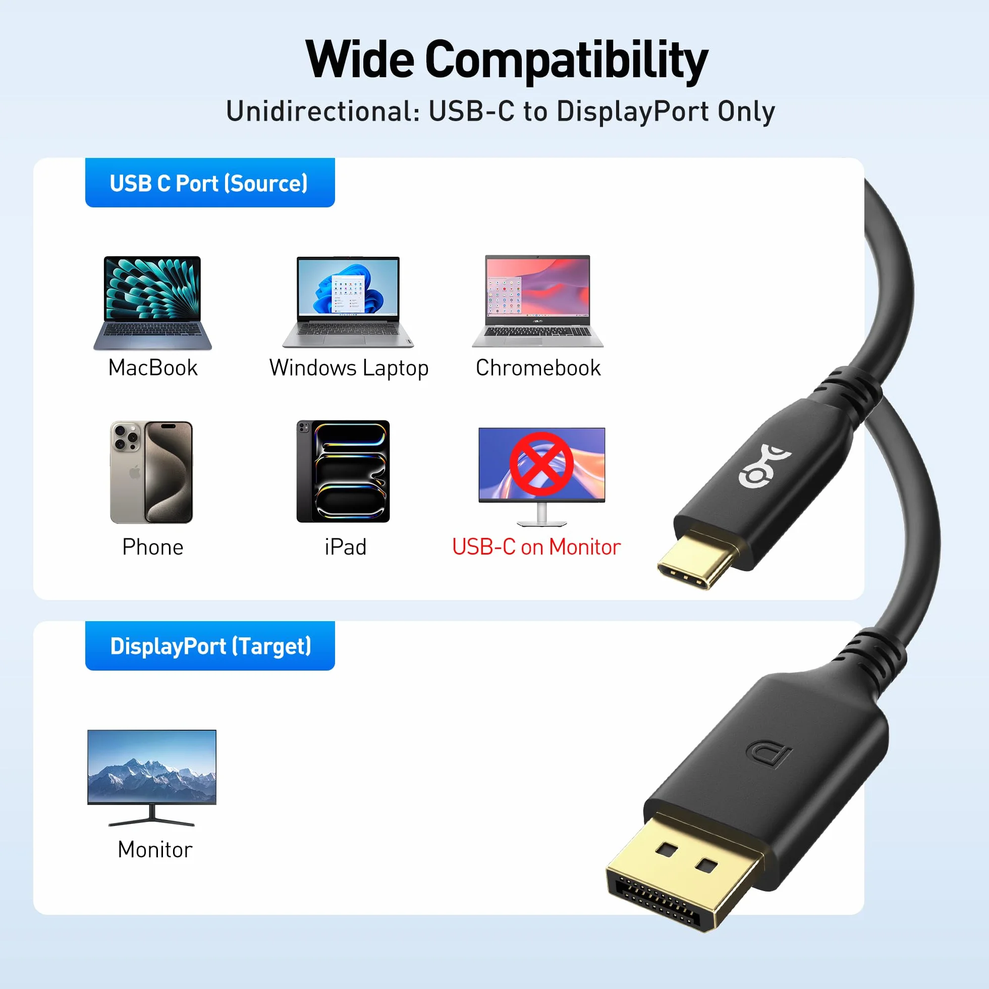 Cable Matters Certyfikat VESA: jednokierunkowy kabel USB C do DisplayPort 2.1 40 Gb/s, 2 m, obsługuje DP40, 8K przy 120 Hz / 4K przy 480 Hz (kabel Thunderbolt 4 do DisplayPort), Czarny