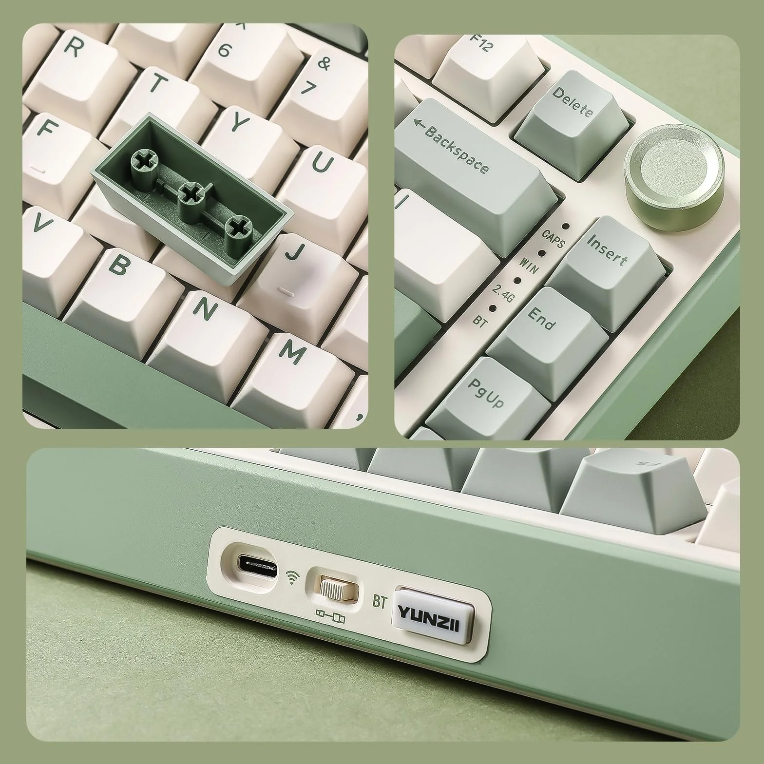 YUNZII B75 PRO Bezprzewodowa Klawiatura Mechaniczna,75% Uszczelka Klawiatury Do Gier Hot Swap Keyboard Z Pokrętłem, BT/Type-C/2.4G Kremowa Klawiatura (zielony, Cocoa Cream V2 Switch)
