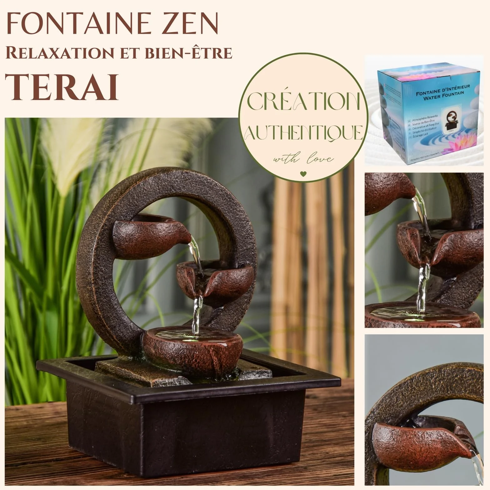 ZEN'LIGHT, Zen Terai Fontanna, Oryginalna dekoracja wnętrz, naturalny przepływ wody - oświetlenie LED, cicha pompa, szer. 17 x szer. 21 x wys. 25 cm