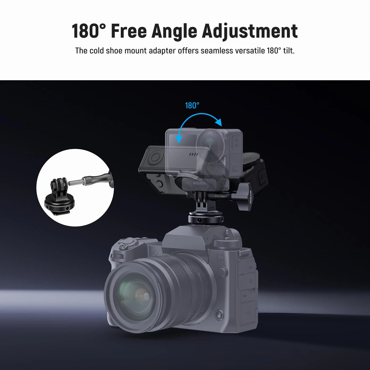 NEEWER Adapter do kamery sportowej, kompatybilny z akcesoriami GoPro Go Pro DJI Insta360 AKASO, metalowy uchwyt Hot Shoe z gwintem 1/4" do mini statywu, kijek do selfie, nachylenie 180°, GP-63