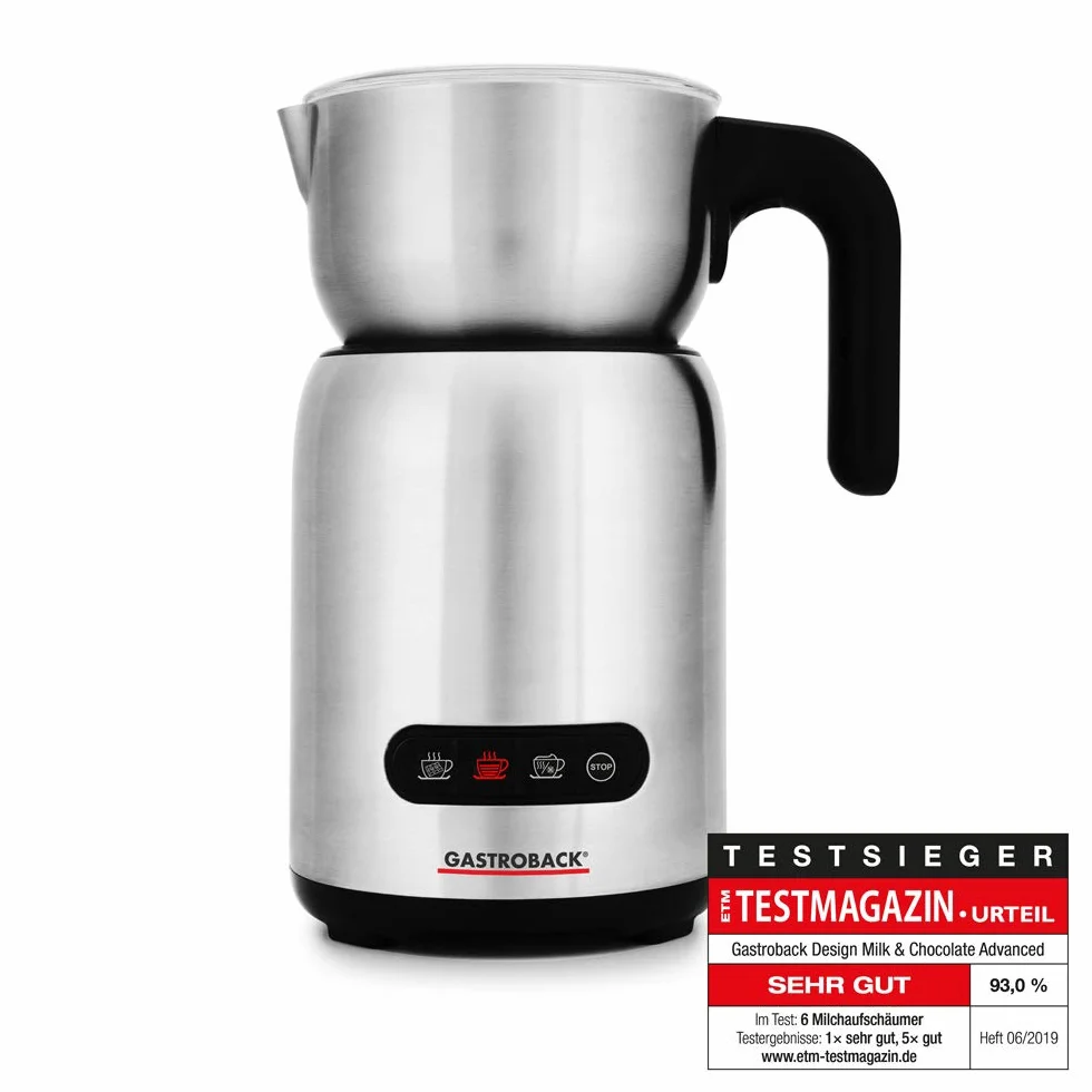 GASTROBACK Design Milk and Chocolate Advanced, 650 W, indukcyjny spieniacz do mleka na 1 litr pianki mlecznej, gorącej czekolady, elektryczny spieniacz do mleka, czarny/srebrny