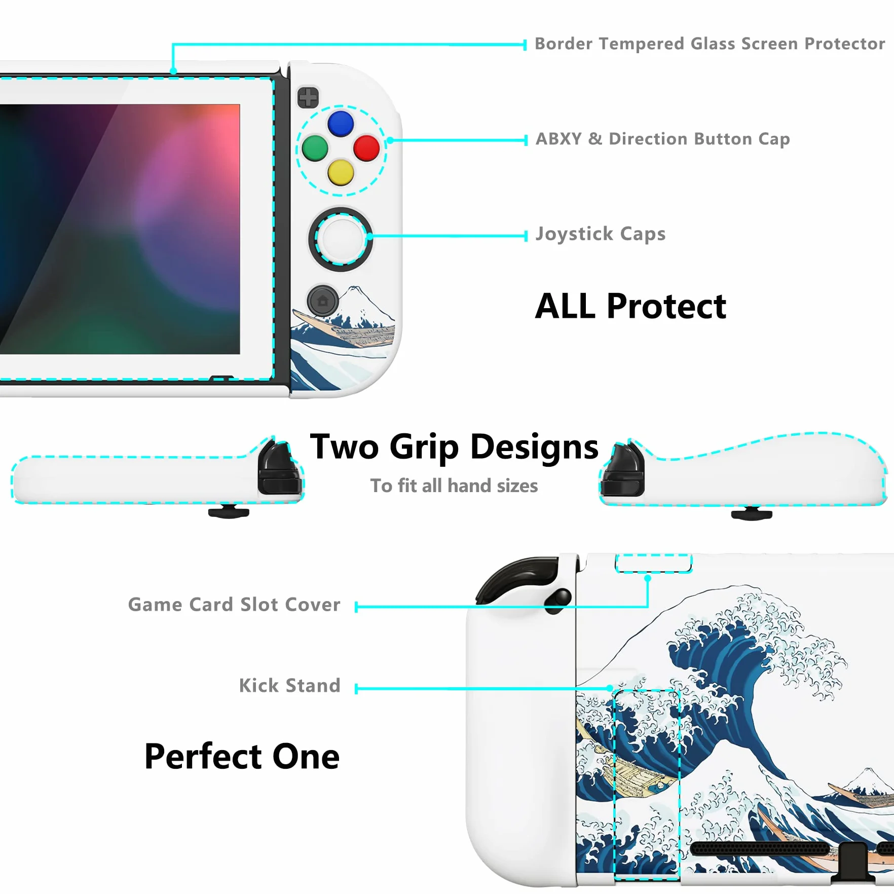 PlayVital Etui Ochronny do Nintendo Switch z Osłoną Ekran,Case Hard Shell do Switch,AlterGrips Ergonomiczna Protective Cover z Kciuka Caps&Caps Przycisków-Wielka Fala Kanagawie