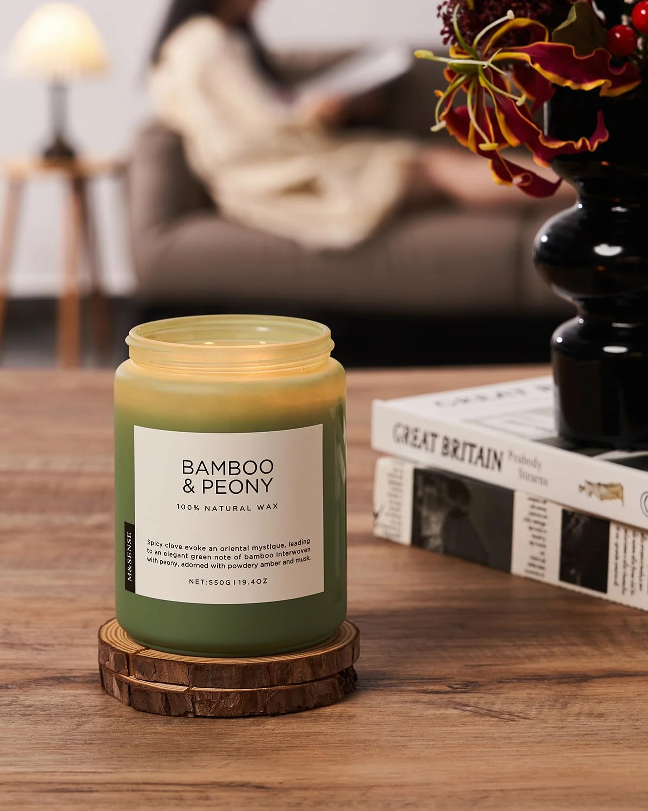 M&SENSE Bambus & Piwonia – Duża Świeca Sojowa (550g, 110h) | Wiosenny, Orzeźwiający Zapach | Naturalna, 2-Knotowa | Idealna na Prezent dla Niej i Relaksującą Aromaterapię