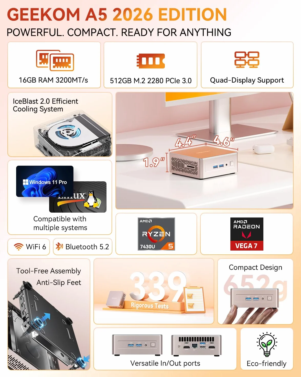 GEEKOM Mini PC A5 Z AMD Ryzen 5 7430U, 16 GB DDR4 RAM (Rozszerzalna), 512 GB SSD, Windows 11 Pro, Ultra Cichy Komputer, Dual HDMI, Wyjście 8K, Czytnik Kart SD, Do Biznesu I Biura