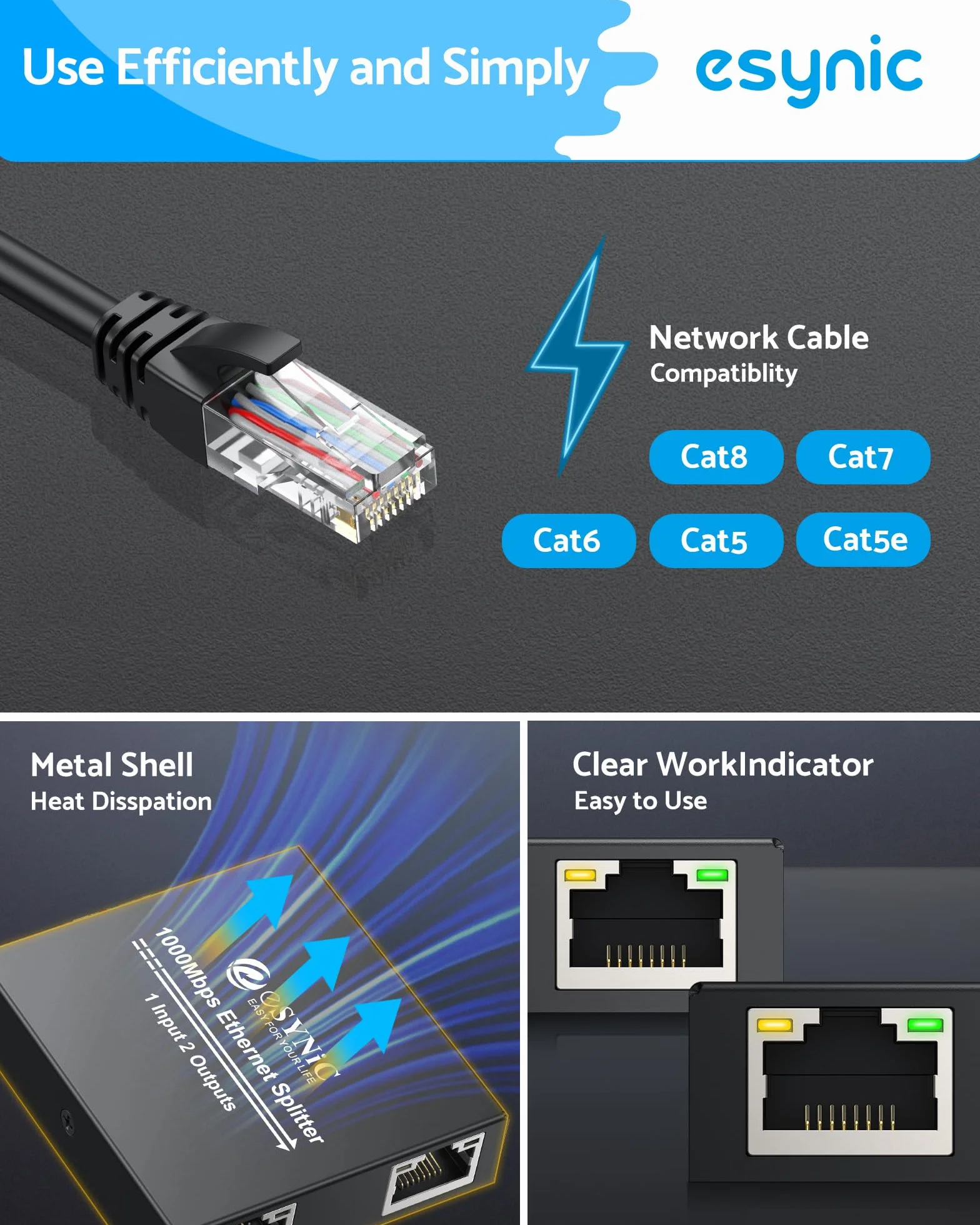 eSynic Gigabit Ethernet rozdzielacz 1 w 2 wyjściach z kablem sieciowym 0,5 m, przełącznik rozdzielacza RJ45 LAN 1 do 2 portów 100 Mb/s z kablem sieciowym typu C, 1X2 obsługuje kable Cat5/5e/6/7/8