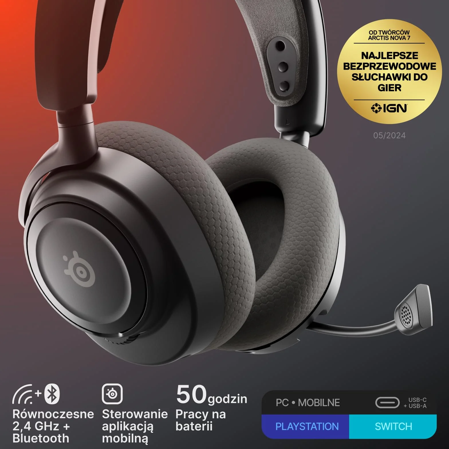 SteelSeries Arctis Nova 7 Wireless Gen 2 do gier, 50H, przetworniki magnetyczne neodymowe, 2,4 GHz/Bluetooth, PC, PS5, Switch, mobile