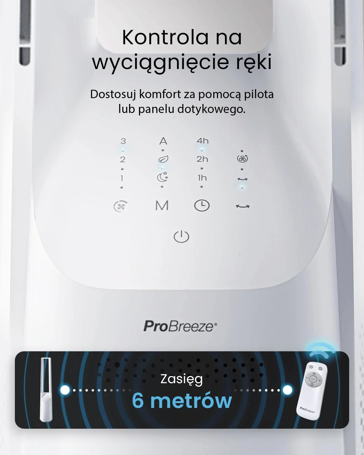 Pro Breeze OmniAir 105 cm bezłopatkowy wentylator kolumnowy z oczyszczaczem powietrza – super cichy, Wi-Fi, pilot, HEPA, LED, 10 prędkości, 5 trybów, oscylacja 60° – biały