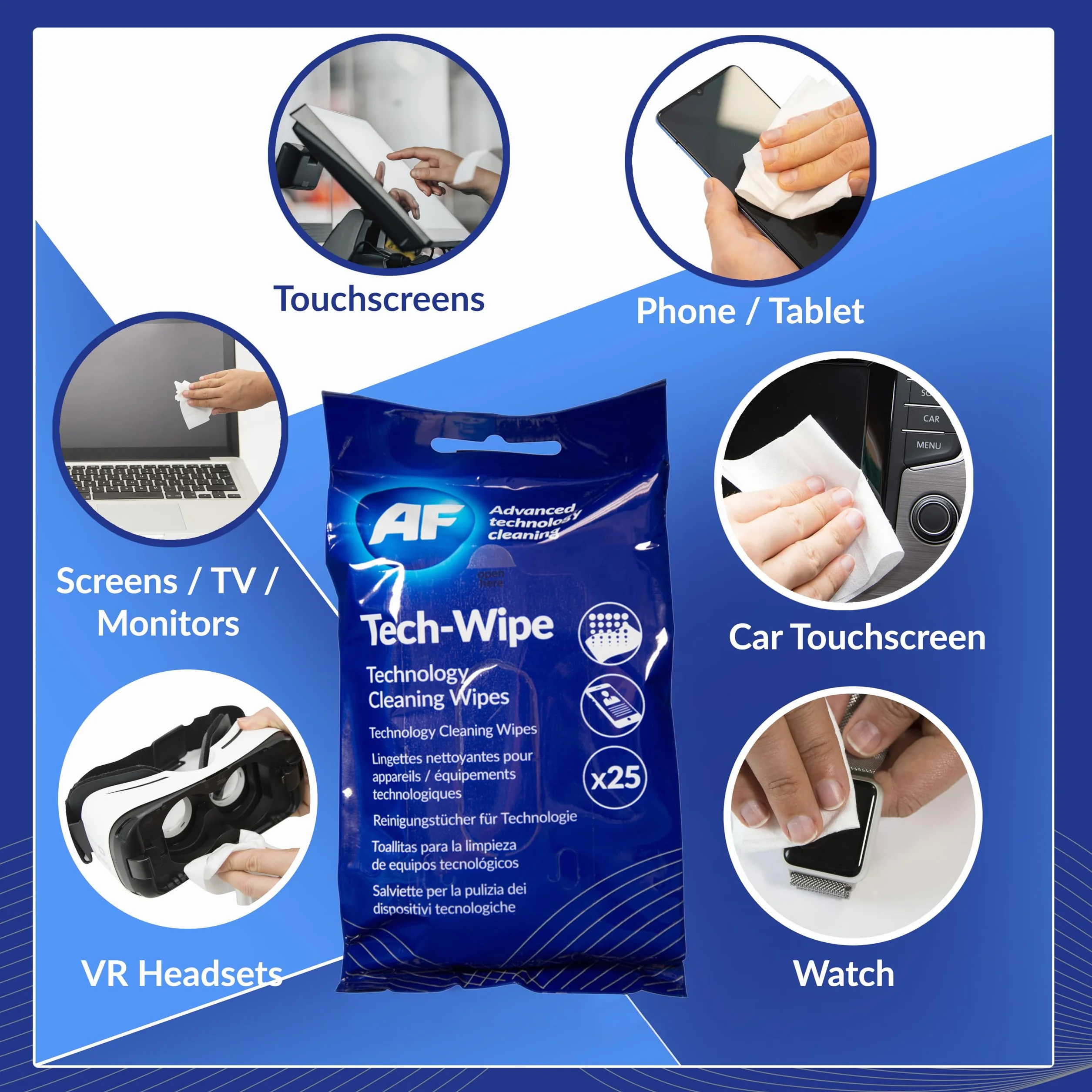 AF Tech Wipes – do czyszczenia ekranu, tabletu, iPada, telefonu, VR, przełącznika, laptopa, klawiatury komputera, ekranu dotykowego i chusteczek do czyszczenia obiektywów - MTW025P