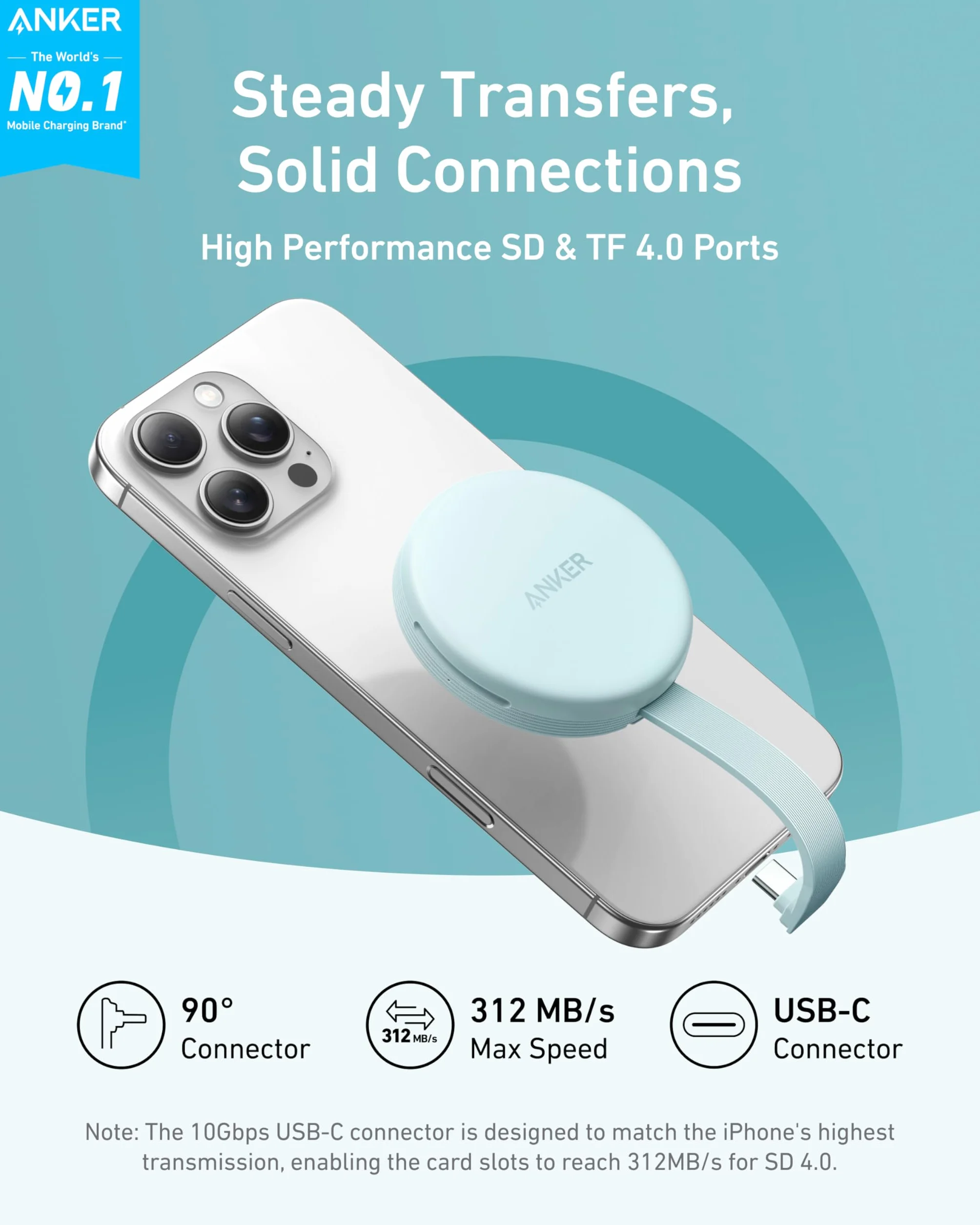 Anker MagGo adapter USB-C magnetyczny czytnik kart pamięci SD do serii 15 i więcej, z kablem, 2 karty SD i TF, transfer danych 312 MB/s USB-C