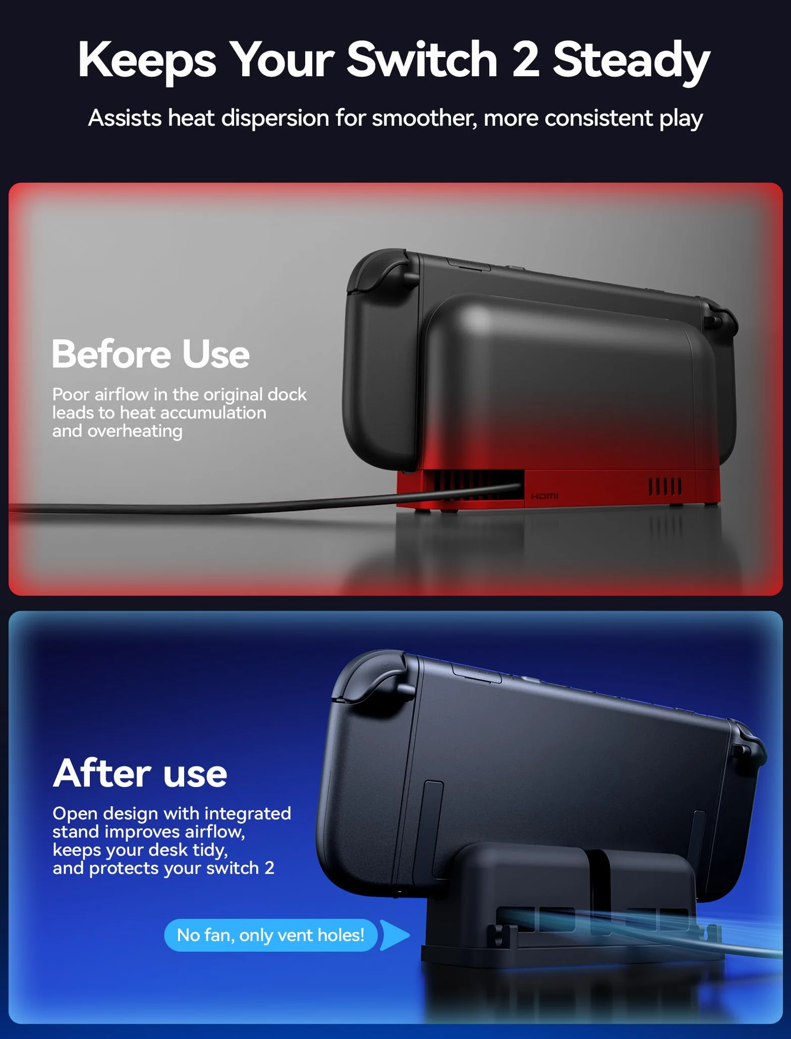 JSAUX Przedłużacz USB C ze stojakiem do stacji dokującej Switch 2, 35 cm Extension Cable obsługa szybkiego ładowania i transmisji wideo 4K, funkcja dokująca 1:1, pomocnicze chłodzenie, kompatybilny z