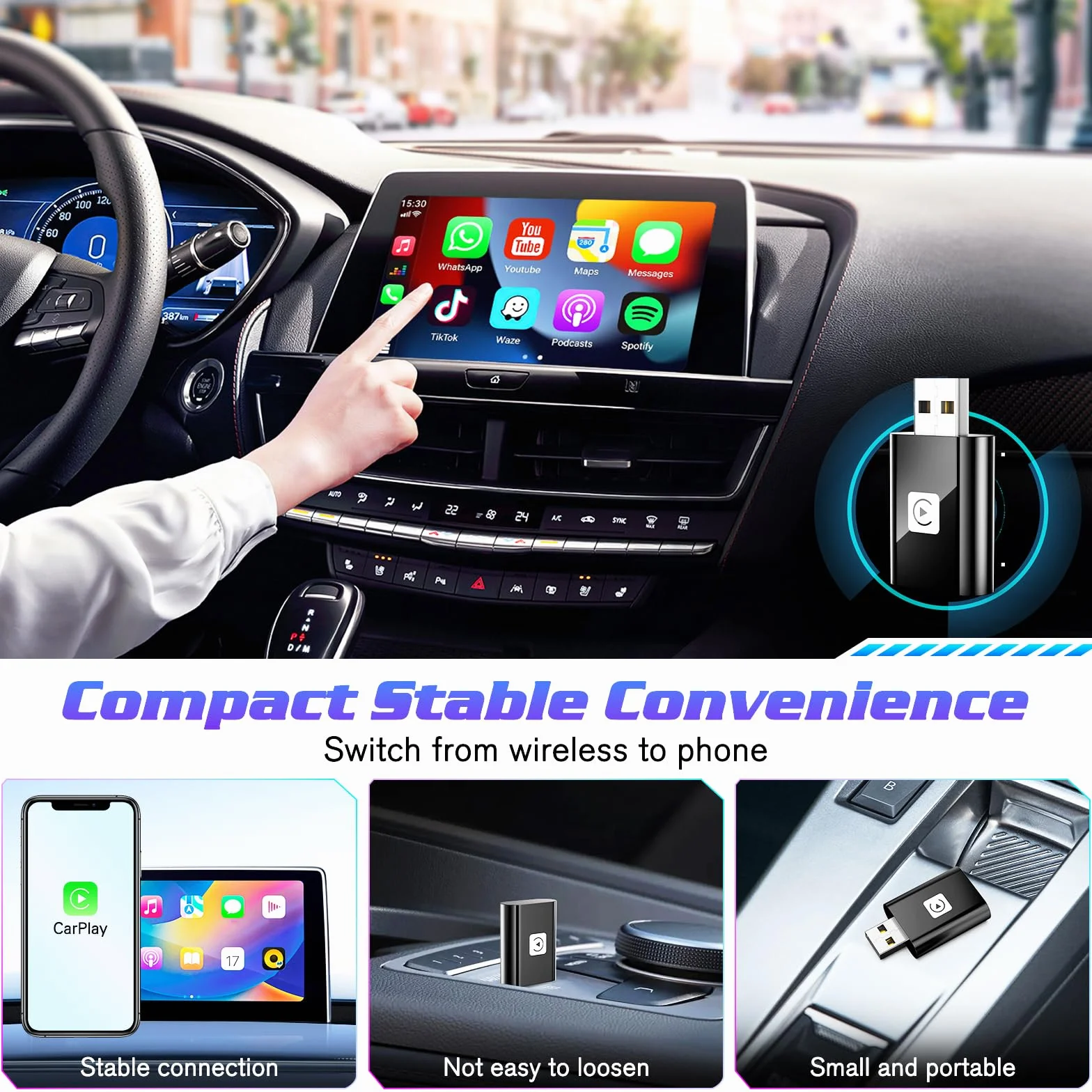 Mini Wireless Carplay Adapter UK for iPhone, 2025 Stable Universal Wireless carplay Adapter, Fast Convert Factory Wired to Wireless CarPlay Dongle Cars for Apple for iOS (NOT for Android)