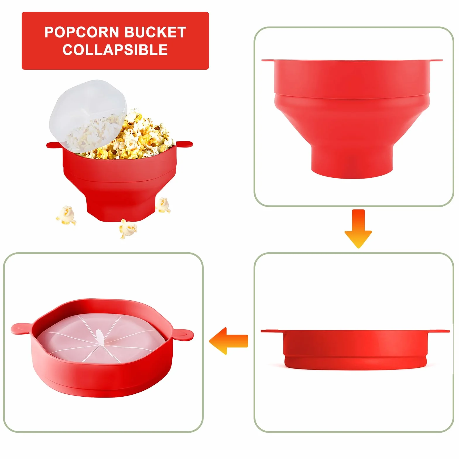 Silikonowa składana miska do popcornu z pokrywką i uchwytem, do mikrofalówki, czerwona