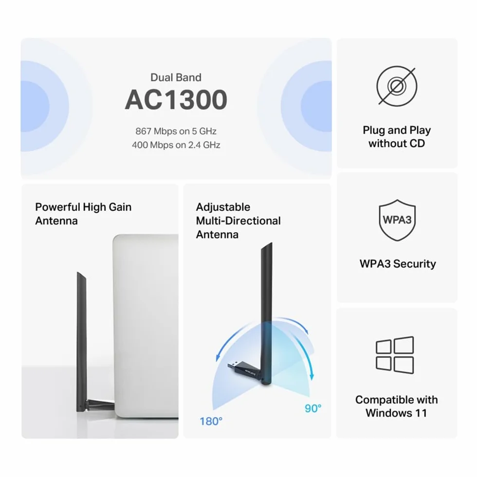 Mercusys MA30H AC1300 Dwupasmowy Adapter USB WiFi | 867 Mb/s (5 GHz) + 400 Mb/s (2.4 GHz) | Antena o Wysokim Zysku z Regulacją | MU-MIMO | Zabezpieczenie WPA3 | Plug & Play | Windows 10/11