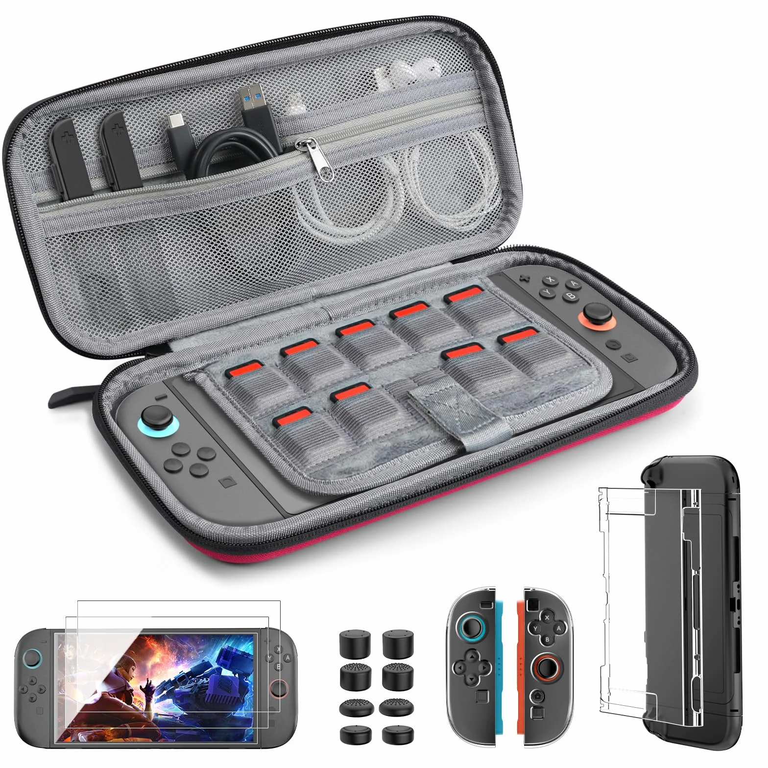TiMOVO Accessories Bundle Kit for Nintendo Switch 2, 14 in 1 Switch 2 Accessories with Carrying Case, PC Protective Cover, TPU JoyCon Case, 2 Pack Screen Protectors and 8 Pack Thumb Grip Caps, Red