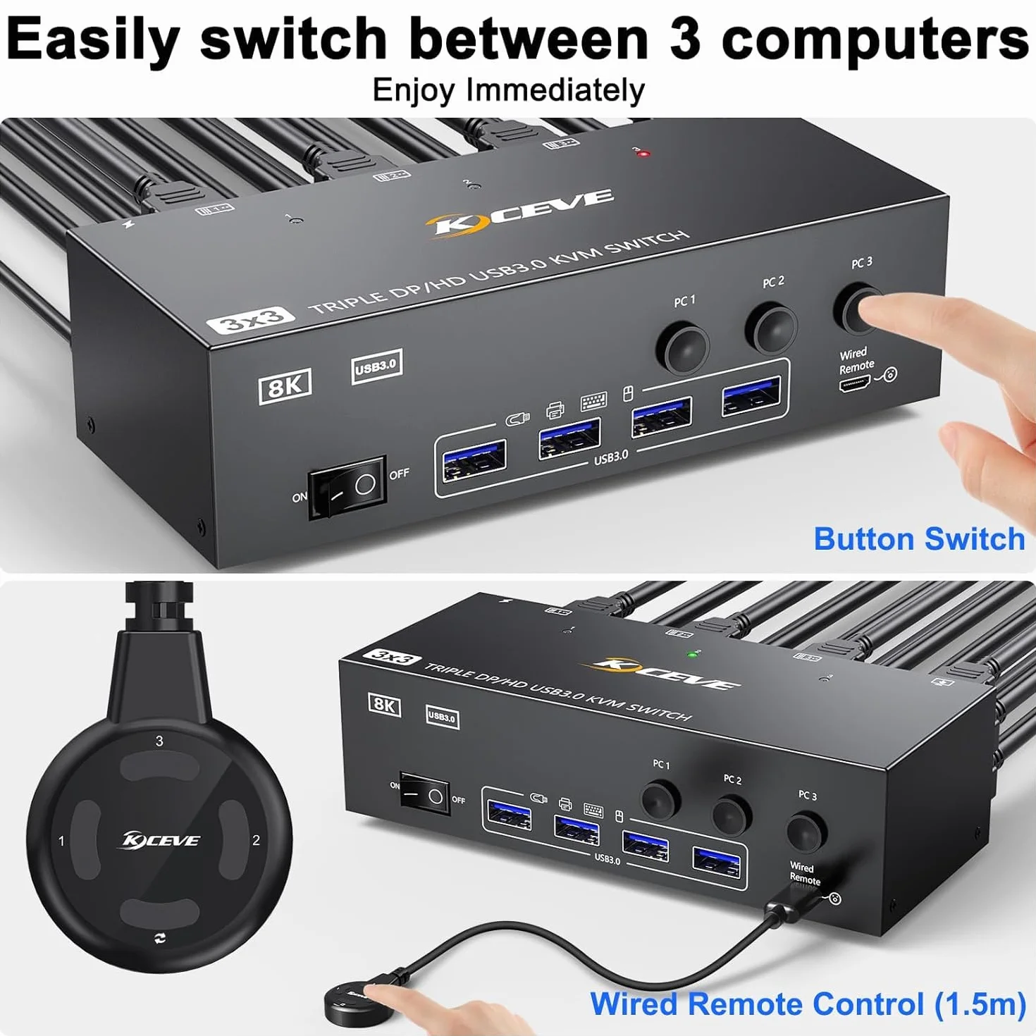 Przełącznik KVM 3 monitory 3 komputery 8K przy 60 Hz 4K przy 144 Hz, Camgeet HDMI+2 Displayport Przełącznik KVM Potrójny monitor dla 3 komputerów 3 monitory i 4 urządzenia USB 3.0, przewodowy pilot