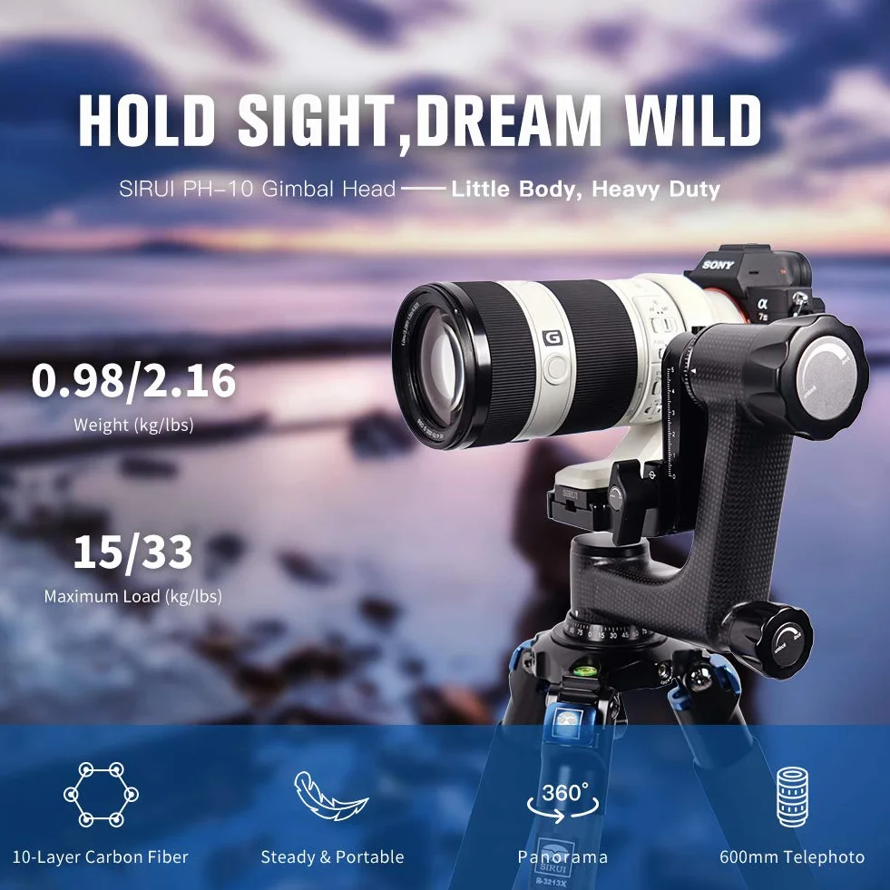 SIRUI PH-10 Gimbal Głowica statywu lekka profesjonalna głowica z włókna węglowego 360 stopni panoramiczna głowica gimbala ze standardem Arca-Swiss 1/10.2 cm płytka szybkiego zwalniania do aparatów