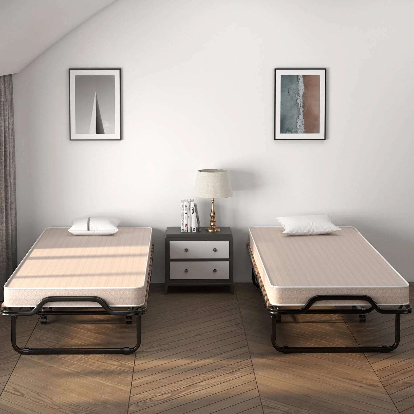COSTWAY 90 x 200 cm, łóżko dla gości z materacem z pianki, składane łóżko pojedyncze, stabilne metalowe łóżko do 120 kg, składane łóżko na kółkach, składane łóżko na kemping i do pokoju gościnnego