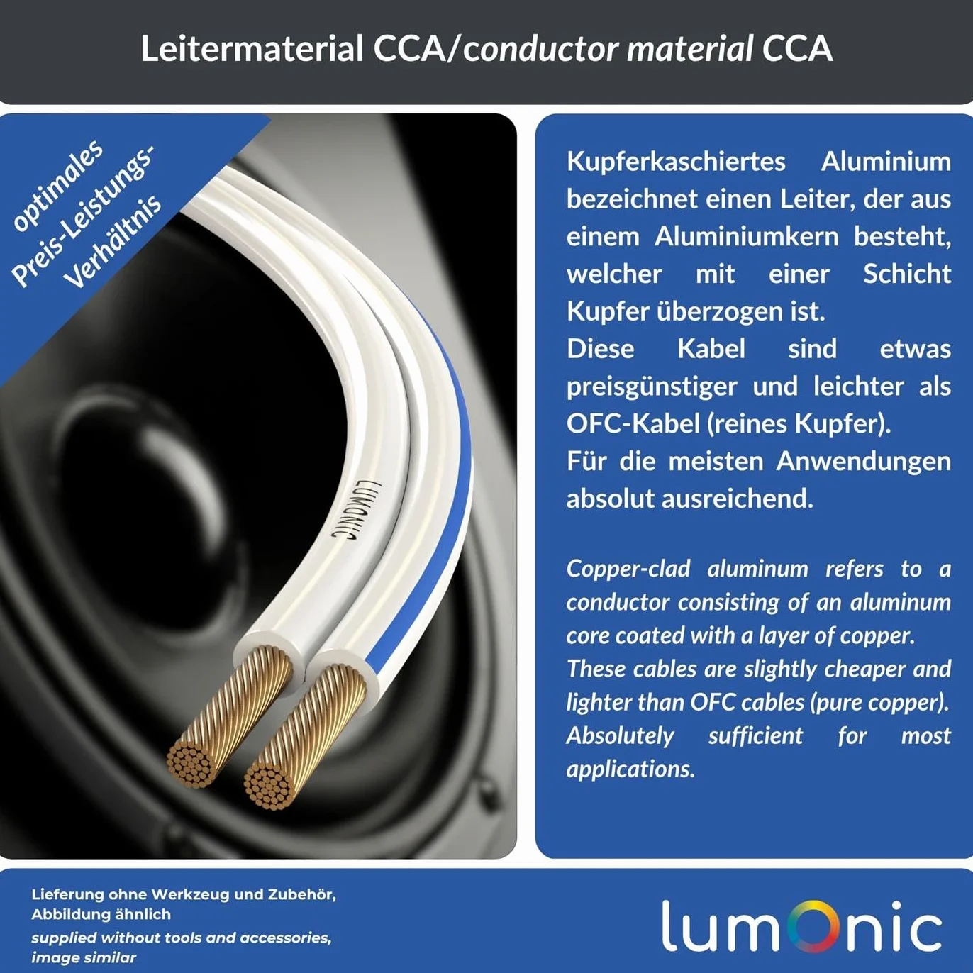 Lumonic Kabel glosnikowy | 50m Biala | 2x 0,5mm² CCA | Niebieskie oznaczenie Kabel glosnikowy HiFi | Podwójna linia audio