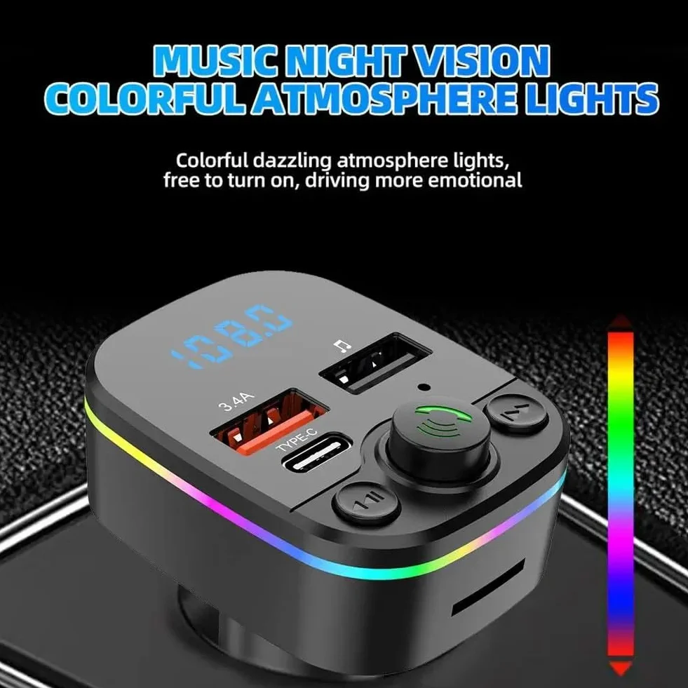 Samochodowy transmiter Bluetooth FM PD typu C Dual USB 3,4 A MP3 oświetlenie otoczenia zestaw głośnomówiący szybki kolorowy modulator odtwarzacz, ładowarka, odtwarzacz muzyki, zapalniczka z funkcją