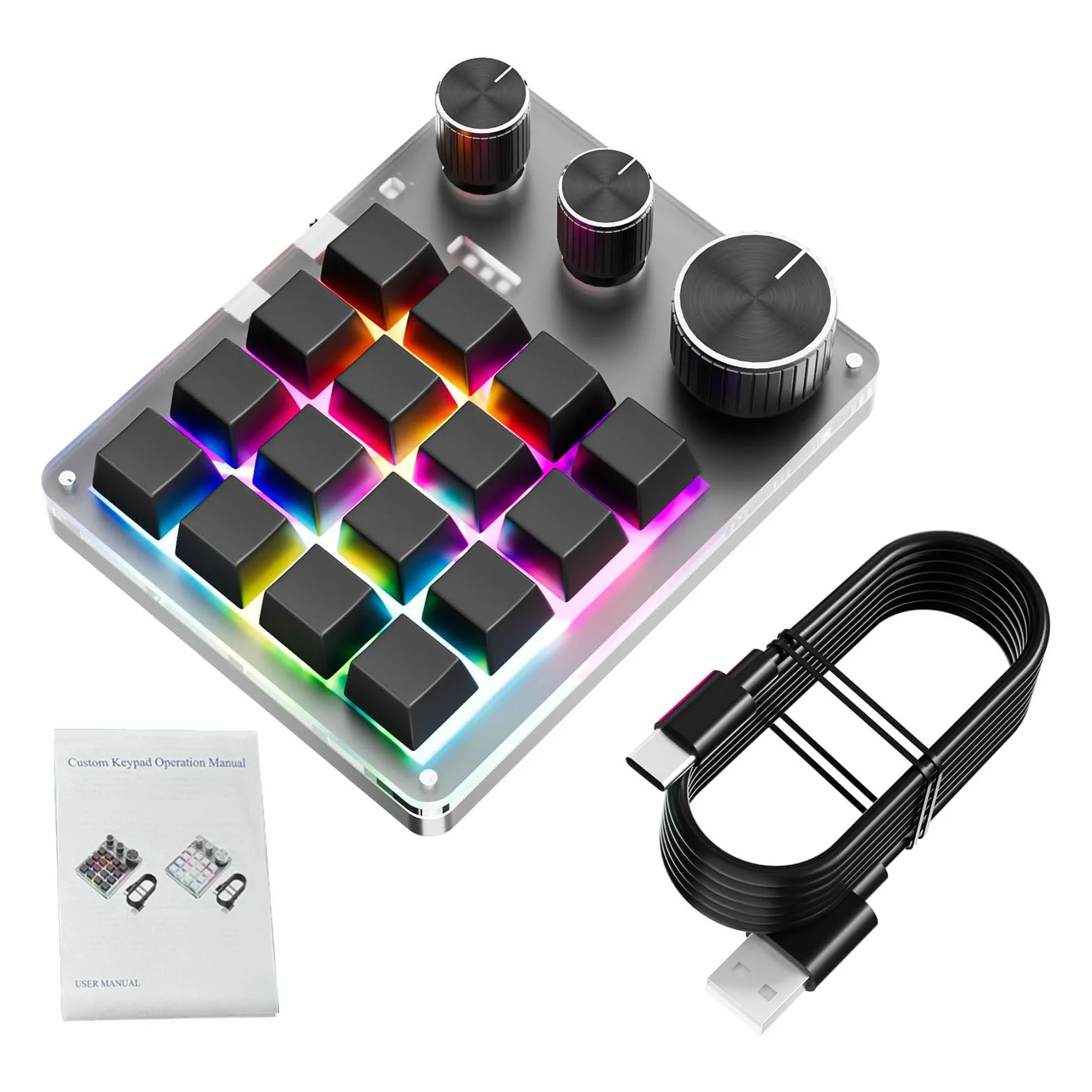Makro Pad, Klawiatura Makro, Programowalna Klawiatura Dostosowana Do Indywidualnych Potrzeb, 16 Klawiszy, 3 Pokrętła, Regulacja Głośności, Przewodowa TYPE C (BLACK)