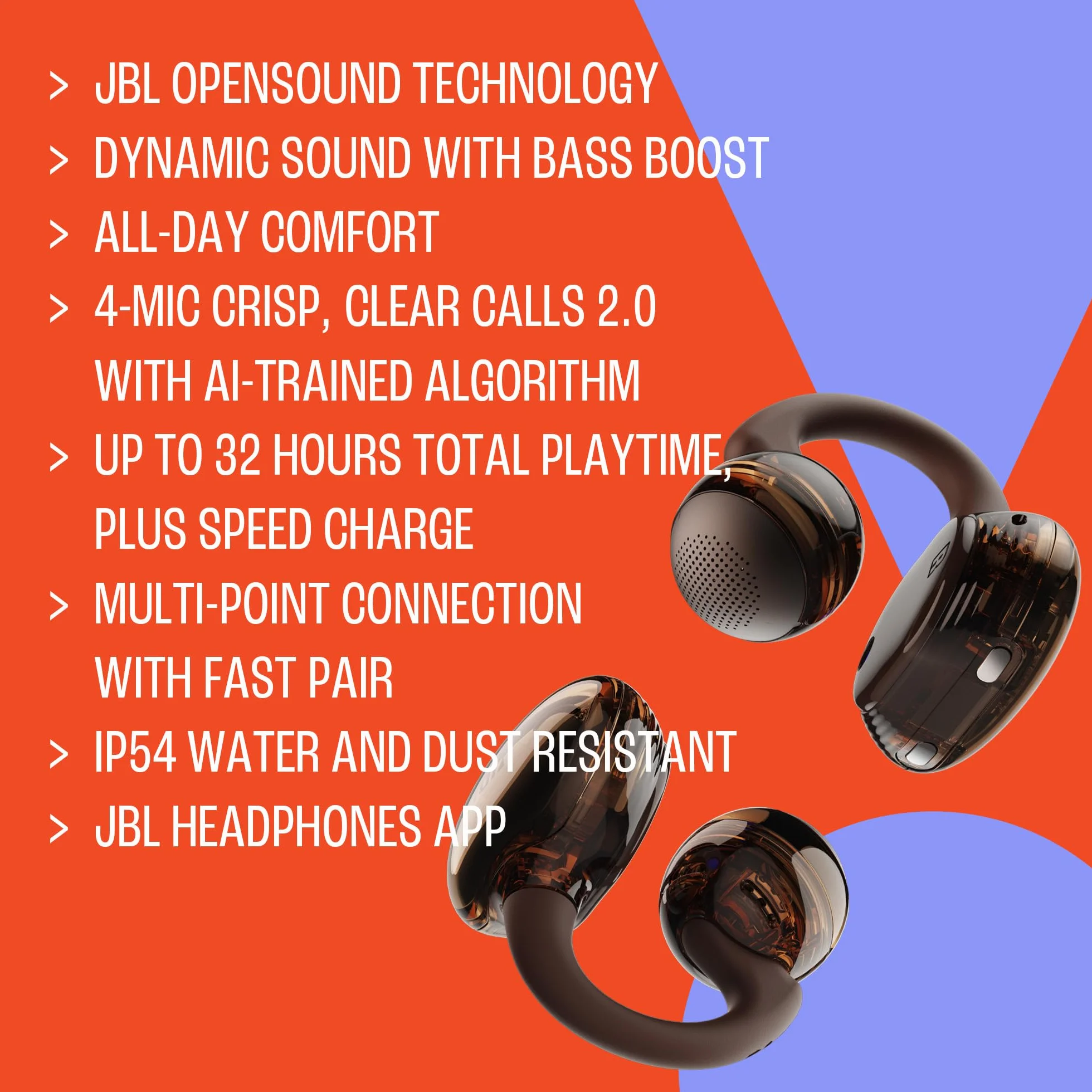 JBL Soundgear Clips True Wireless słuchawki o otwartej konstrukcji, SonicArc Design, do 32 godzin działania, odporne na wodę i kurz IP54, technologia JBL OpenSound, Ghost Black