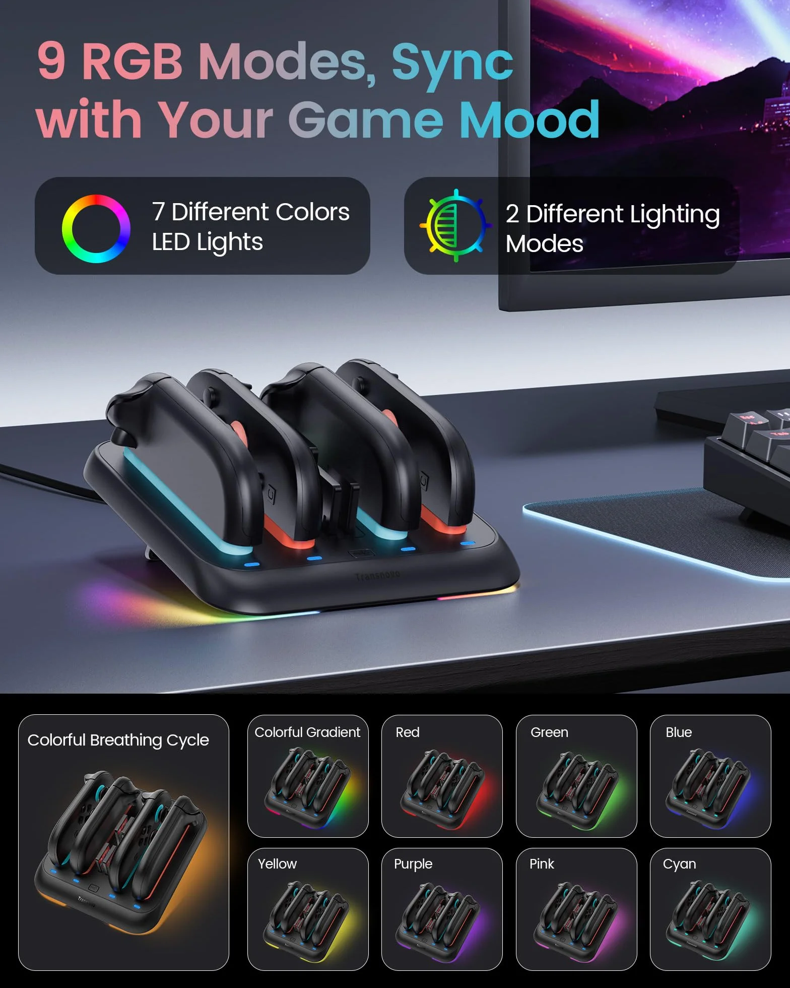 TRANSNOVO Stacja ładująca do Nintendo Switch 2, 4-krotna stacja ładująca z 4 pamięciami kart do gry, wskaźniki LED, 9 trybów otoczenia RGB, zintegrowany stojak do jednoczesnego ładowania 1-4 Joy-Cons