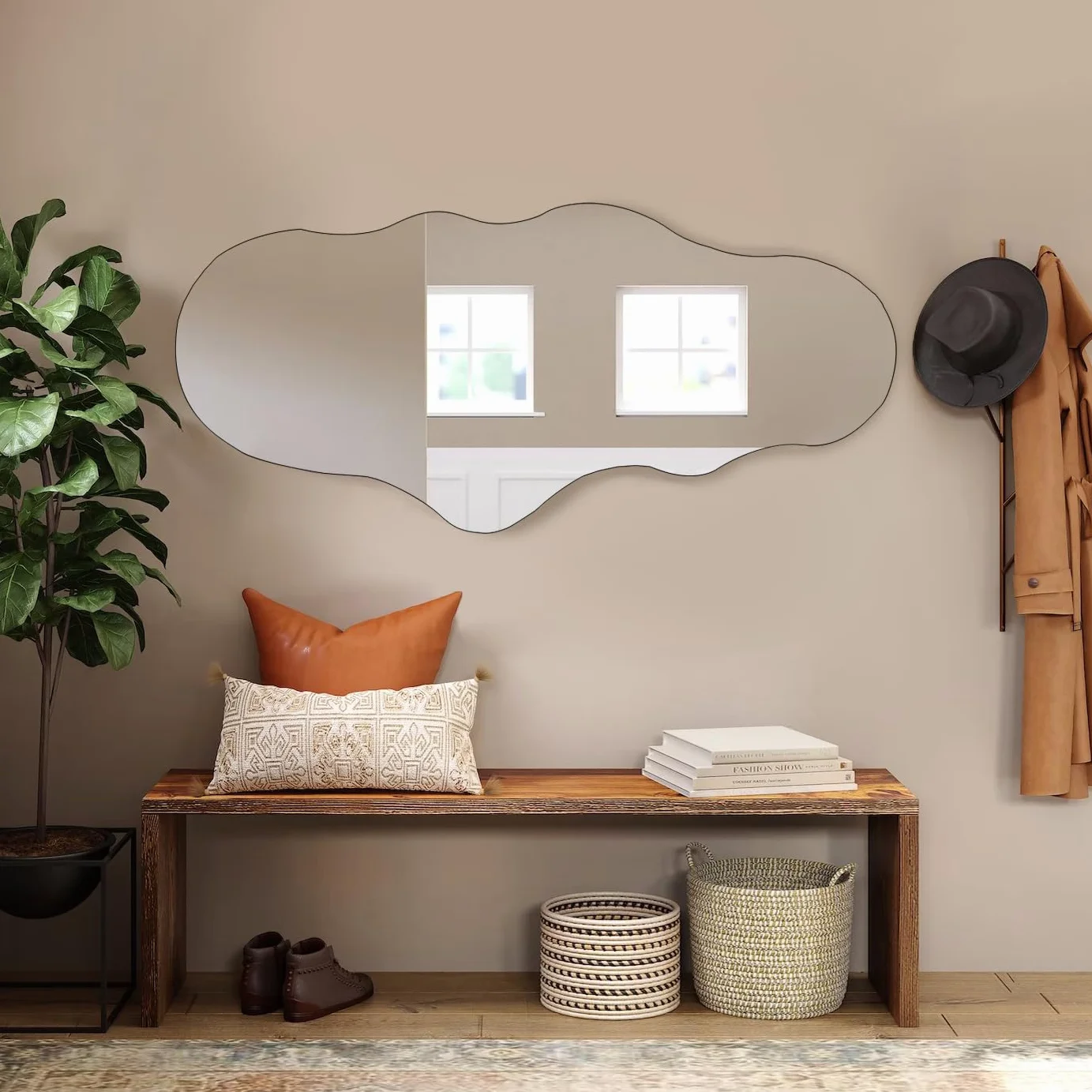 Lustro bez ramy, pełnowymiarowe, 120 x 59 cm, nieregularny kształt, białe – do sypialni, łazienki, salonu, toaletki i na ścianę