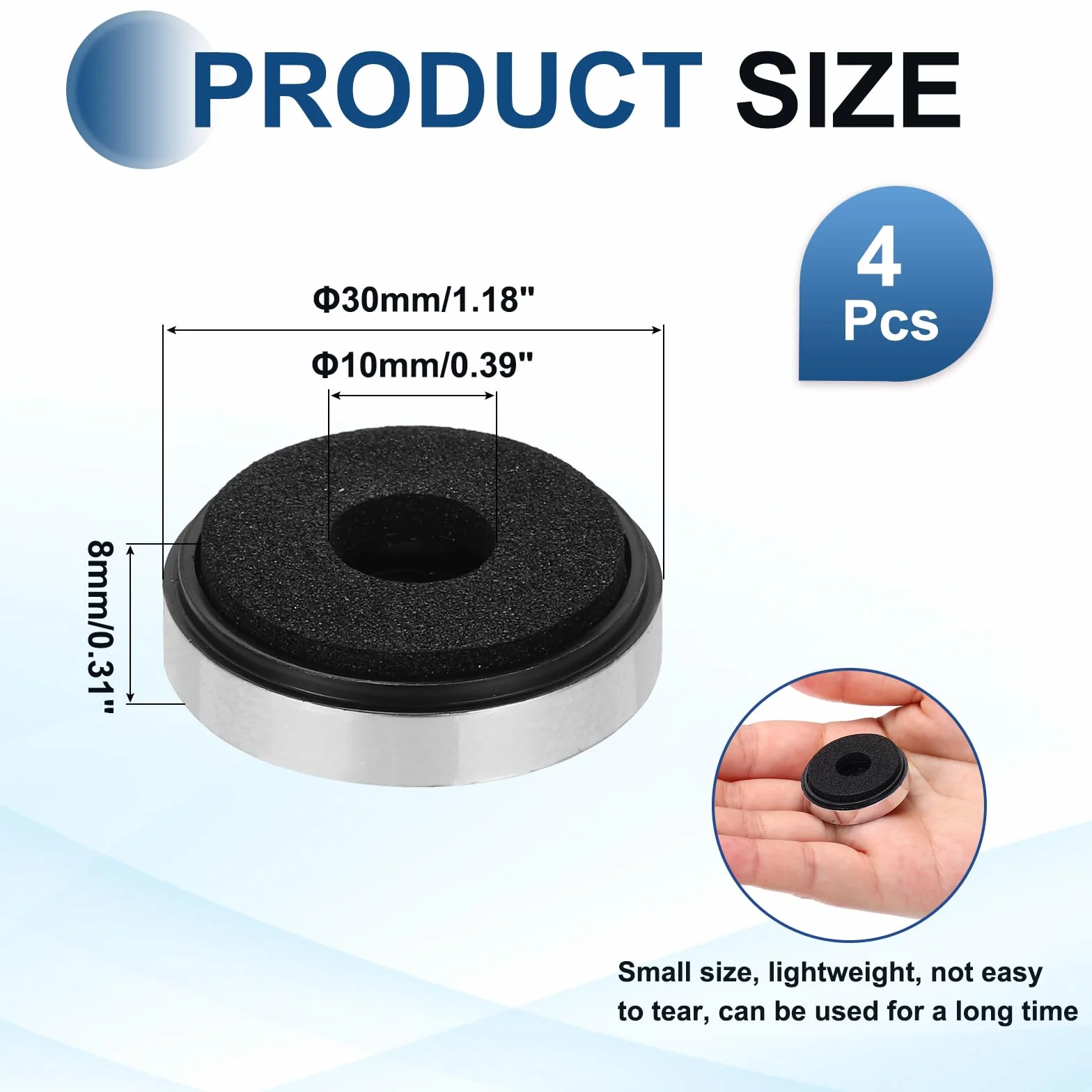 QUARKZMAN 4 nóżki izolacyjne do głośników, 30 mm x 8 mm, piankowe, amortyzujące, podstawowe, wzmacniacze, nóżki do audio CD, HiFi, kina domowego, system dźwiękowy, kolor srebrny